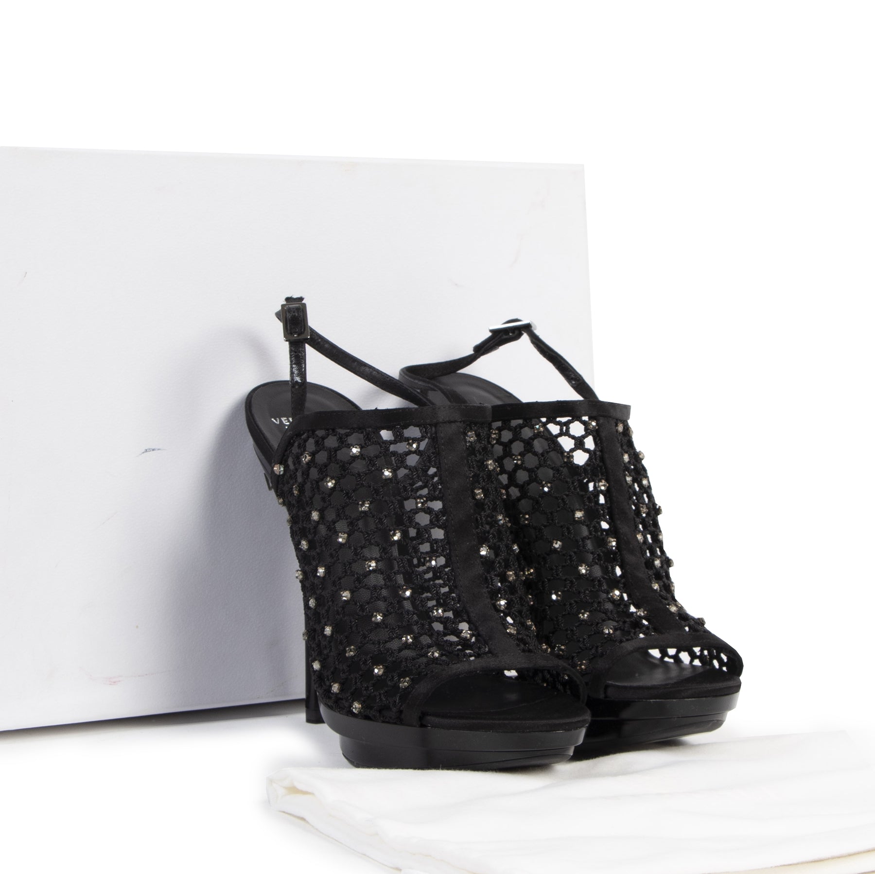 Authentic secondhand Versace Black Mesh Strass Heels - Size 38 designer shoes luxury vintage webshop fashion safe secure online shopping