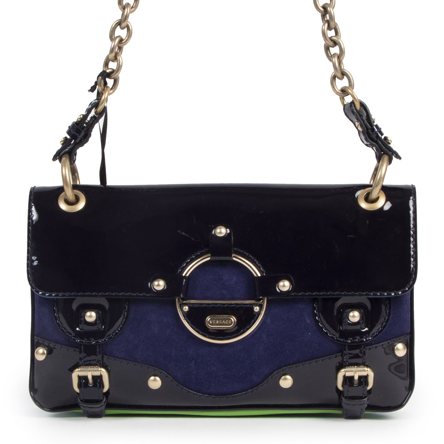 Authentieke Tweedehands Versace Mauve & Blue Shoulder Bag juiste prijs veilig online shoppen luxe merken webshop winkelen Antwerpen België mode fashion