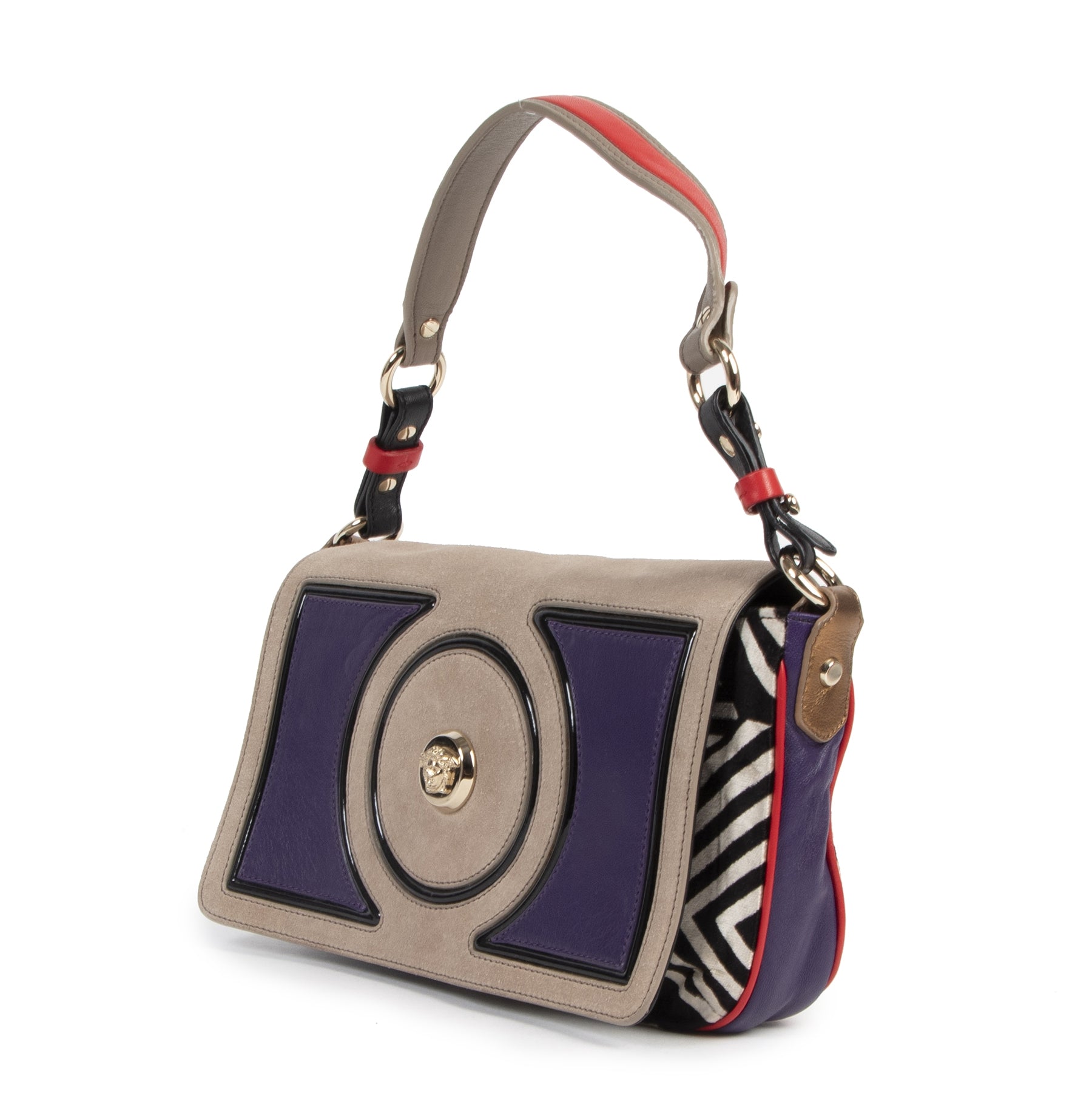 Authentieke Tweedehands Versace Purple Grey Printed Shoulder Bag juiste prijs veilig online shoppen luxe merken webshop winkelen Antwerpen België mode fashion