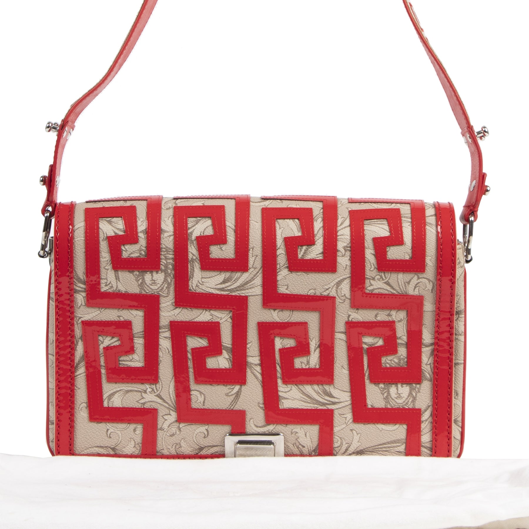 Authentieke tweedehands vintage Versace Red Baroque Print Shoulder Bag bij online webshop LabelLOV