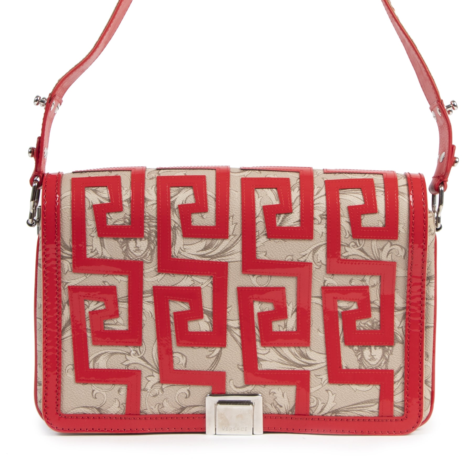 Authentieke tweedehands vintage Versace Red Baroque Print Shoulder Bag bij online webshop LabelLOV