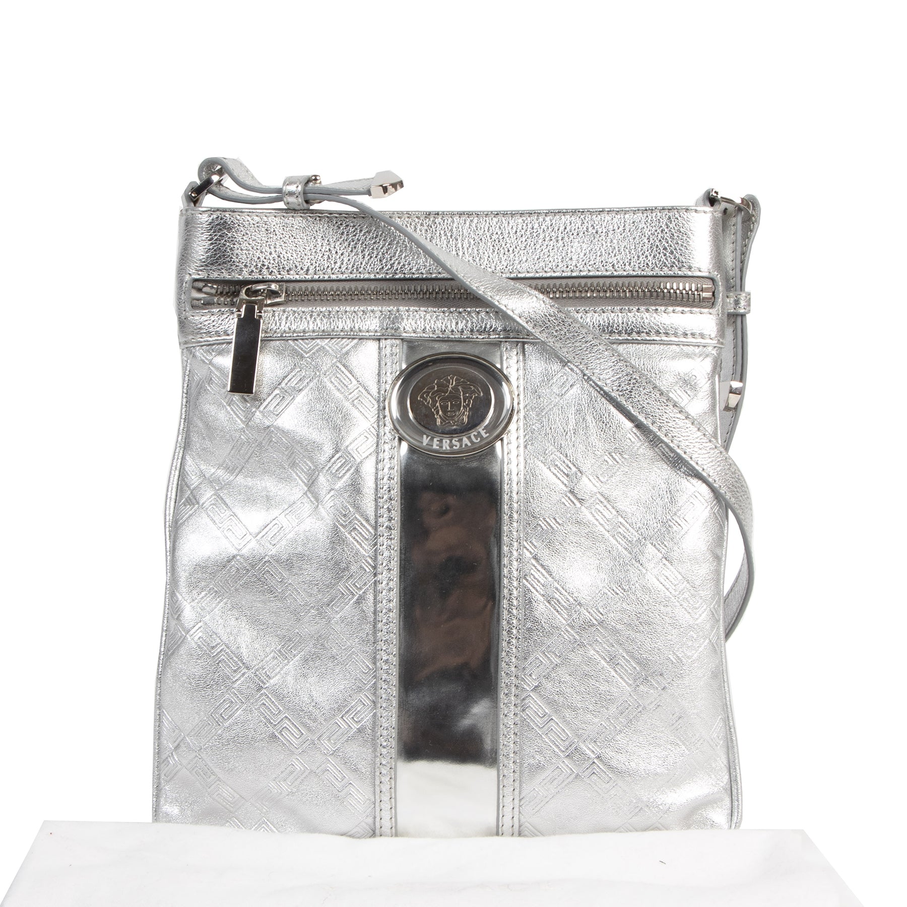 Authentic secondhand Versace Silver Messenger Crossbody Bag designer bags luxury vintage webshop