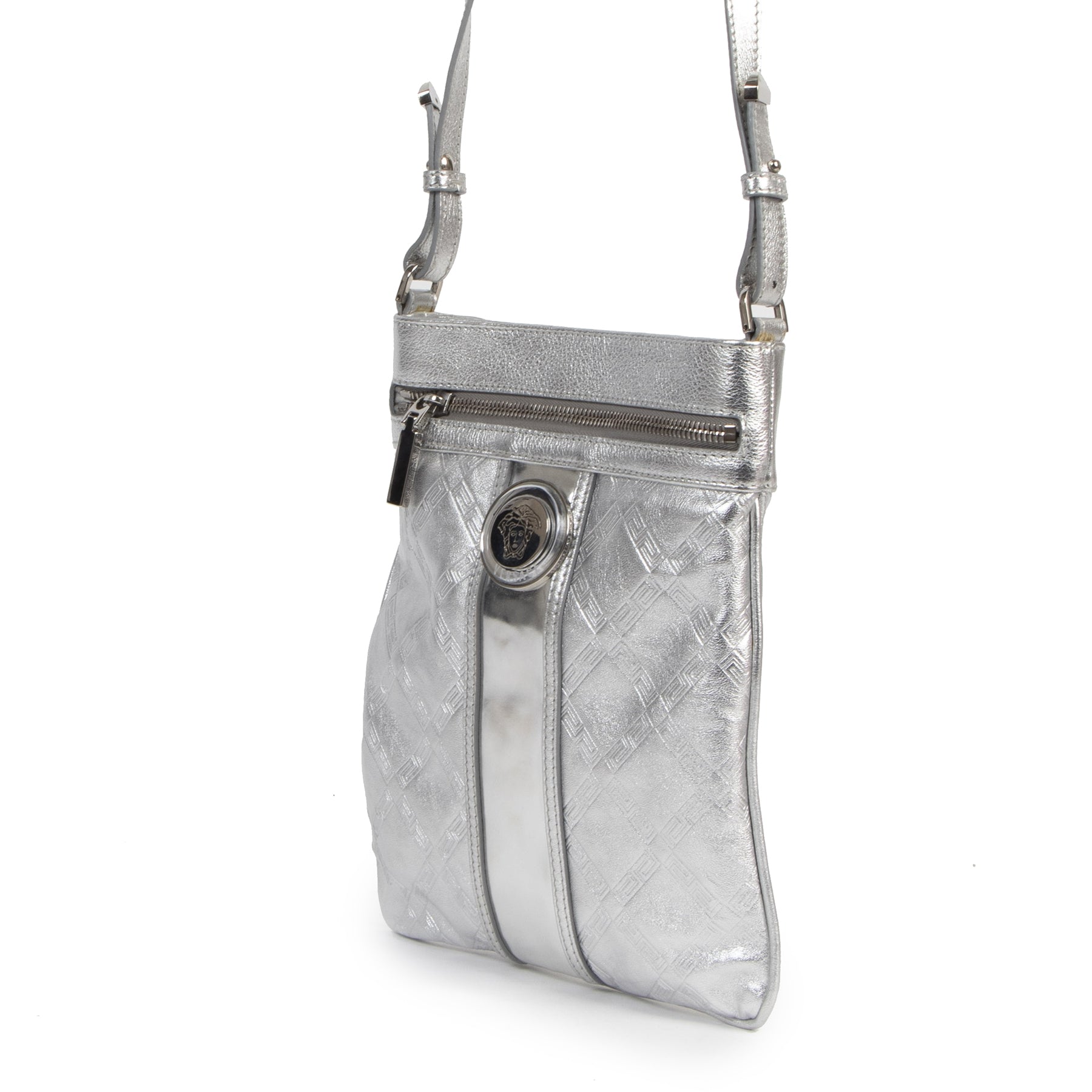 Authentieke Tweedehands Versace Silver Messenger Crossbody Bag juiste prijs veilig online shoppen luxe merken webshop winkelen Antwerpen België mode fashion
