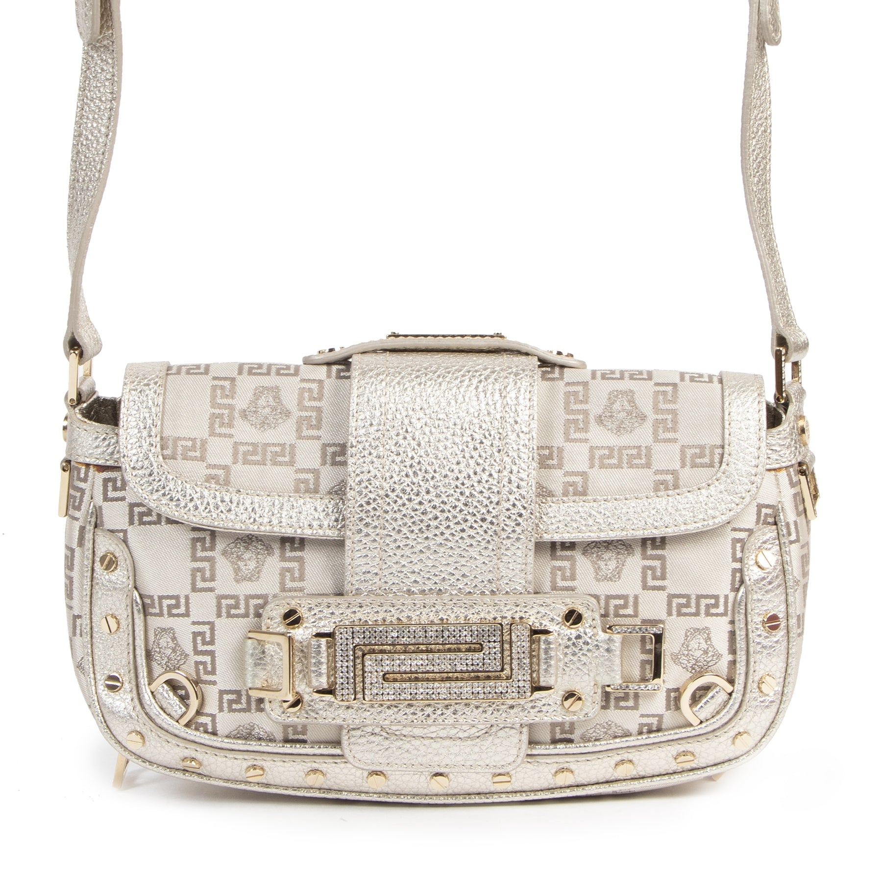 Authentieke Tweedehands Versace Silver Medusa Shoulder Bag juiste prijs veilig online shoppen luxe merken webshop winkelen Antwerpen België mode fashion