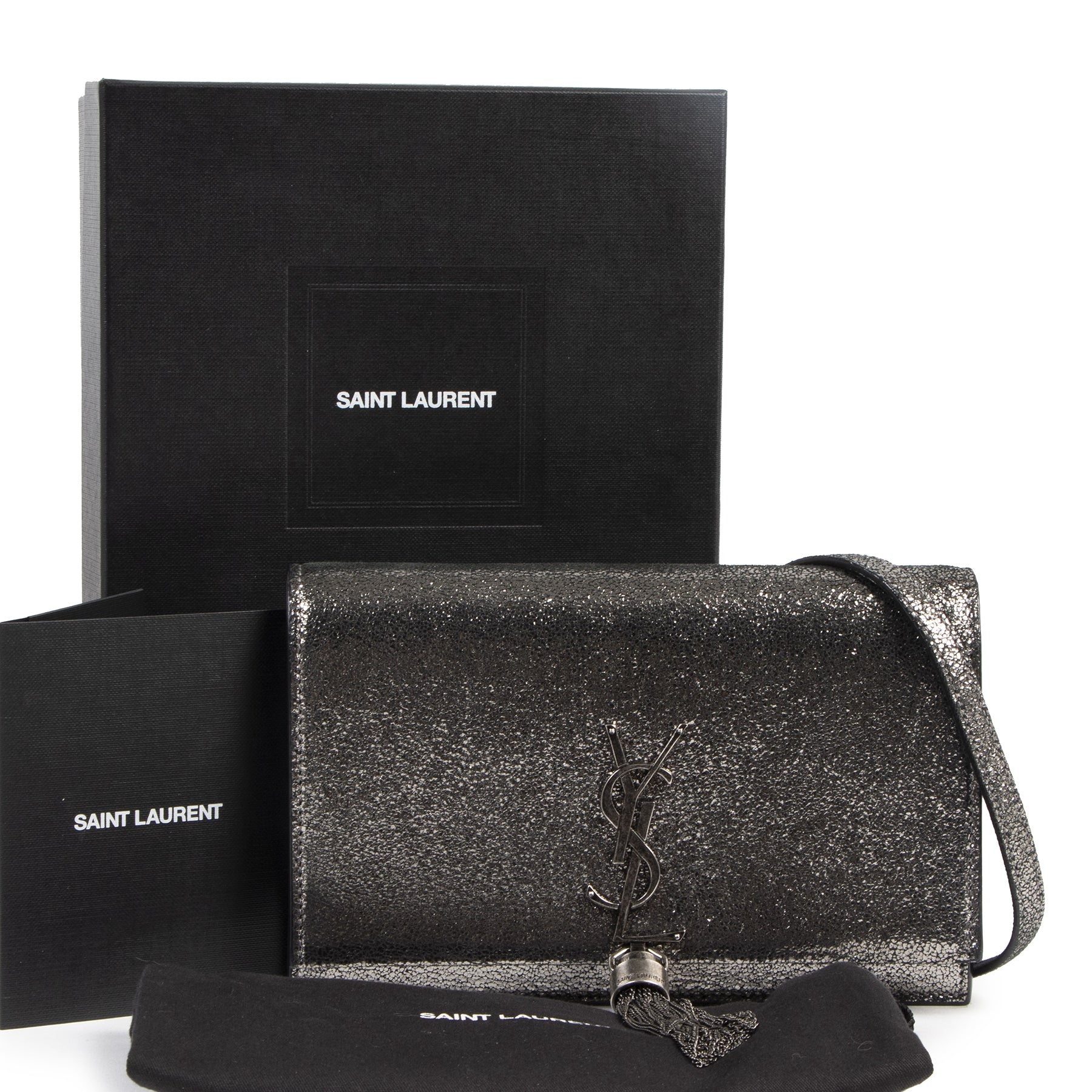 Full set brand new Saint Laurent Kate Silverish Grey Chain Wallet with Tassel