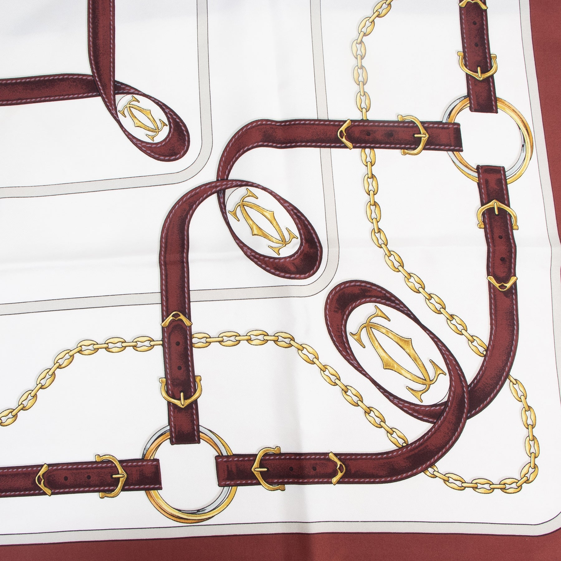 Authentieke tweedehands vintage Cartier Must De Cartier Burgundy Silk Scarf koop online webshop LabelLOV