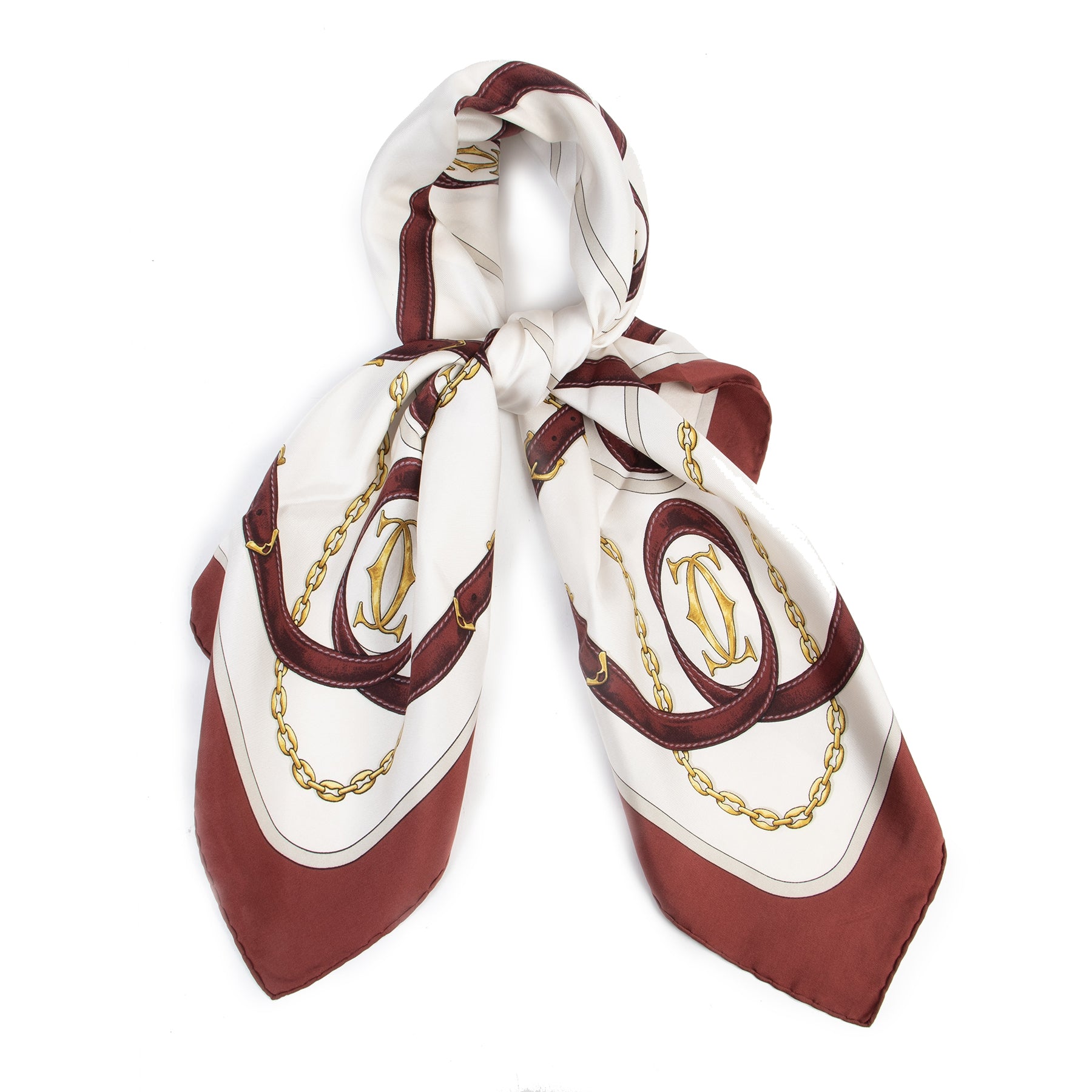Authentic second-hand vintage Cartier Must De Cartier Burgundy Silk Scarf buy online webshop LabelLOV
