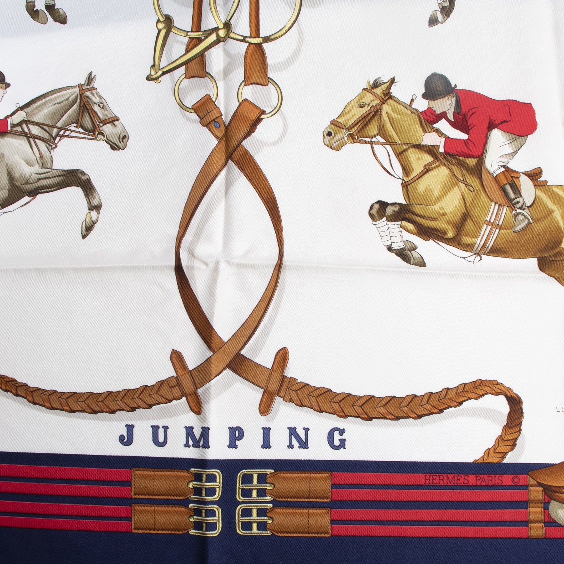 Authentieke tweedehands vintage Hermès Navy Jumping Carré Scarf koop online webshop LabelLOV