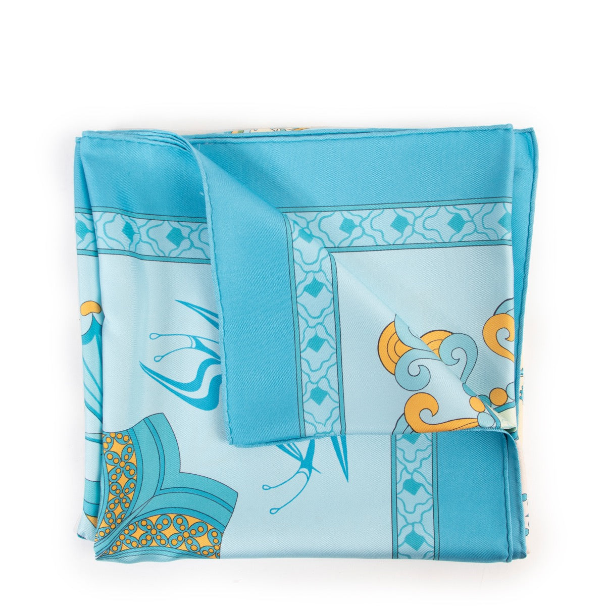 Shop safe online 100% authentic second hand Hermès Blue Les Printemps De Thera Scarf in very good condition at Labellov in Antwerp.