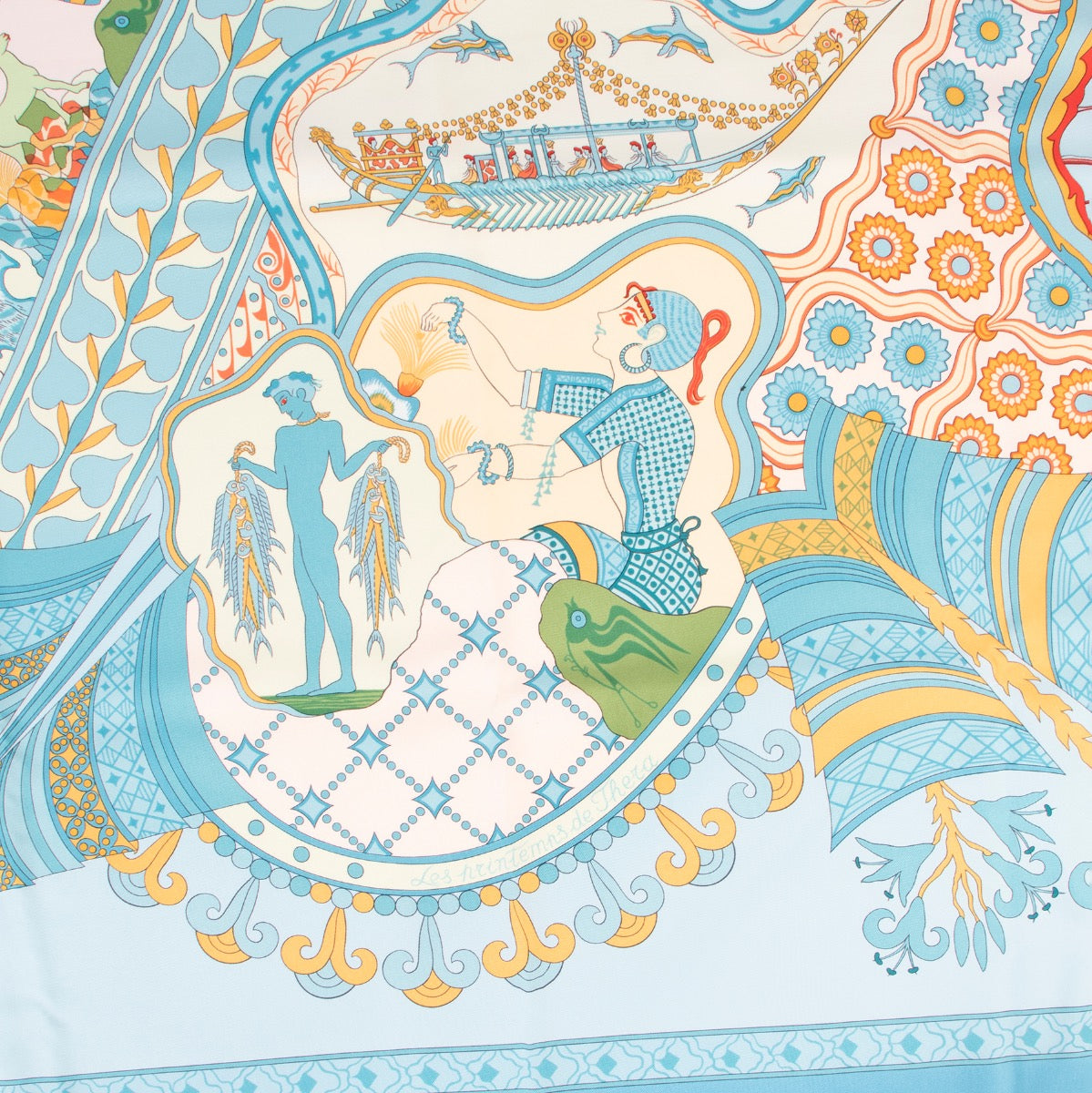 Shop safe online 100% authentic second hand Hermès Blue Les Printemps De Thera Scarf in very good condition at Labellov in Antwerp.