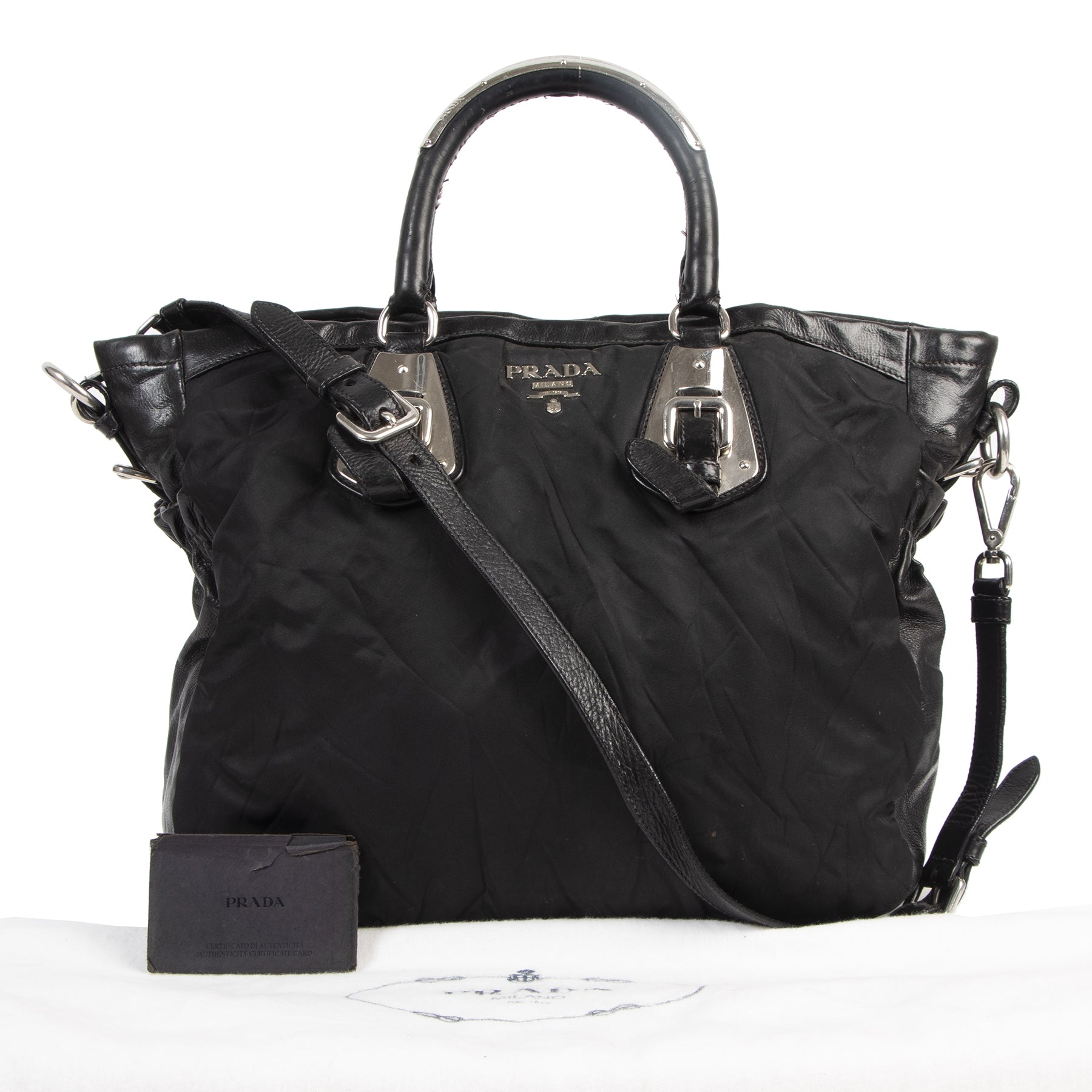 Authentic secondhand Prada Tessuto Black Nylon Leather Top Handle Satchel Bag luxury vintage webshop fashion safe secure online shopping