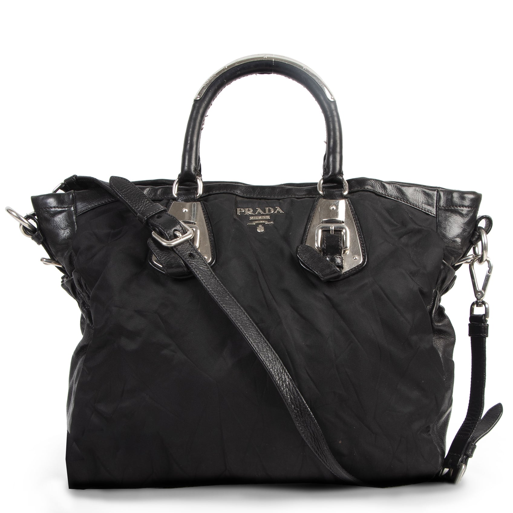 Authentic secondhand Prada Tessuto Black Nylon Leather Top Handle Satchel Bag luxury vintage webshop fashion safe secure online shopping