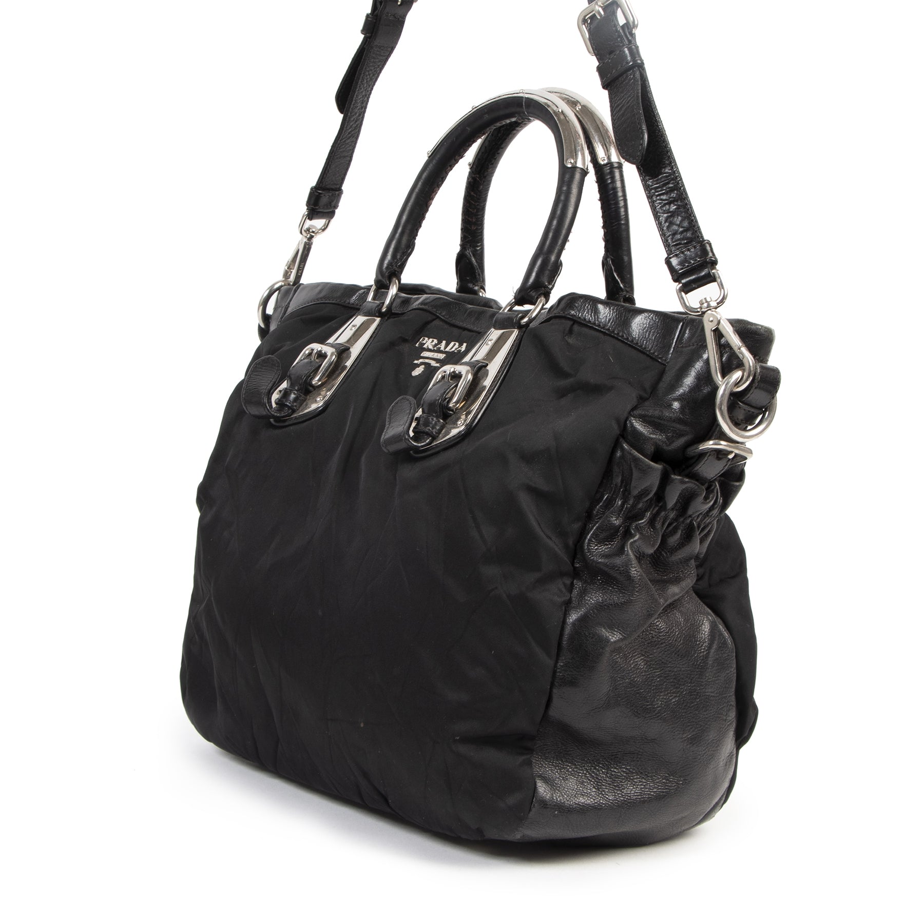 Authentic secondhand Prada Tessuto Black Nylon Leather Top Handle Satchel Bag luxury vintage webshop fashion safe secure online shopping