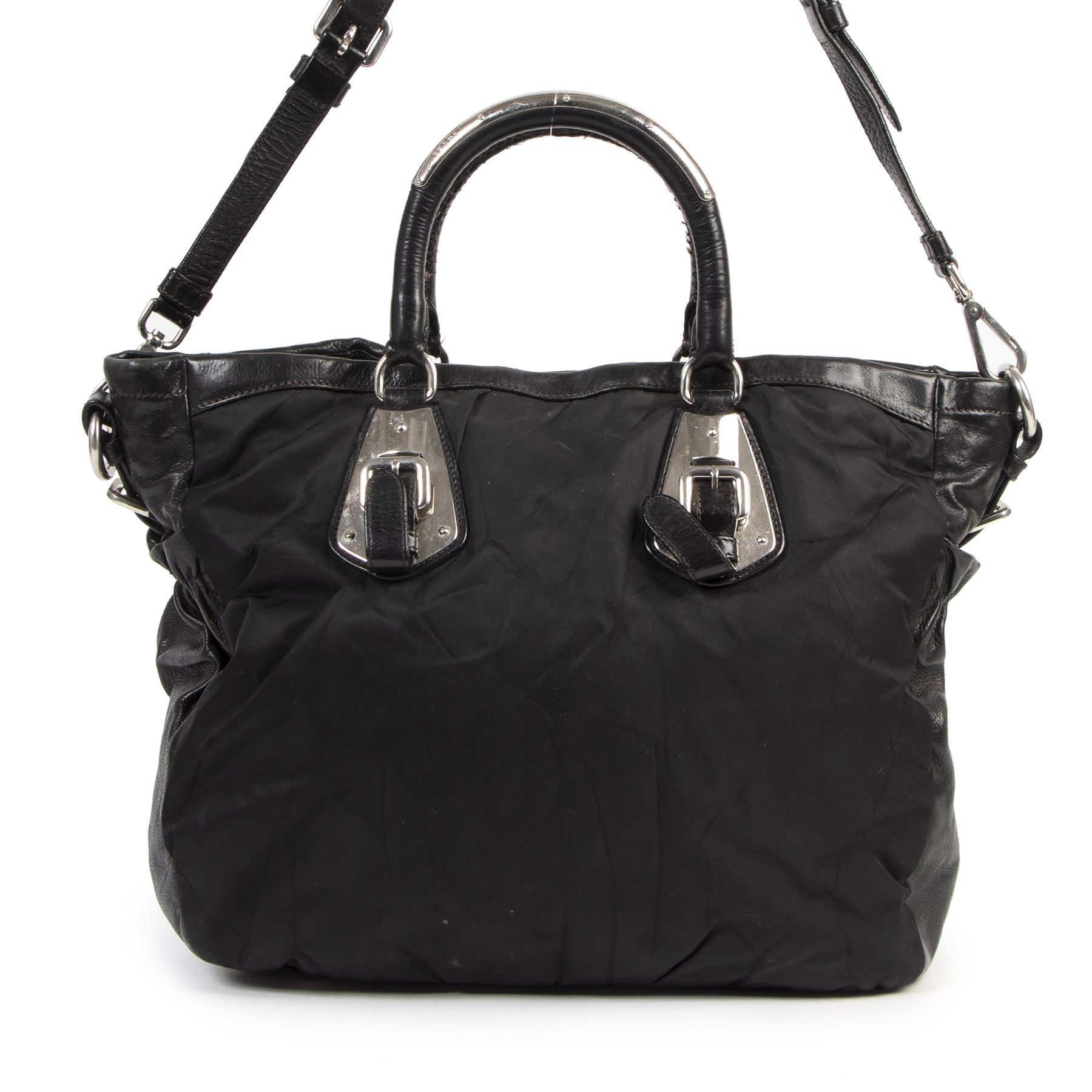 Authentic secondhand Prada Tessuto Black Nylon Leather Top Handle Satchel Bag luxury vintage webshop fashion safe secure online shopping