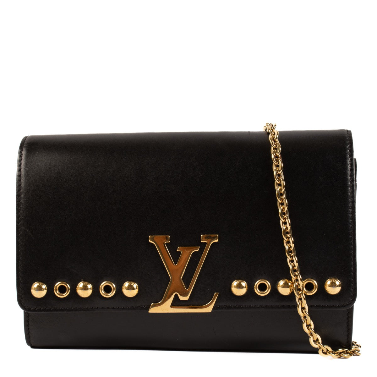 Louis Vuitton Black Leather Studded Pochette Louise GM Chain Bag