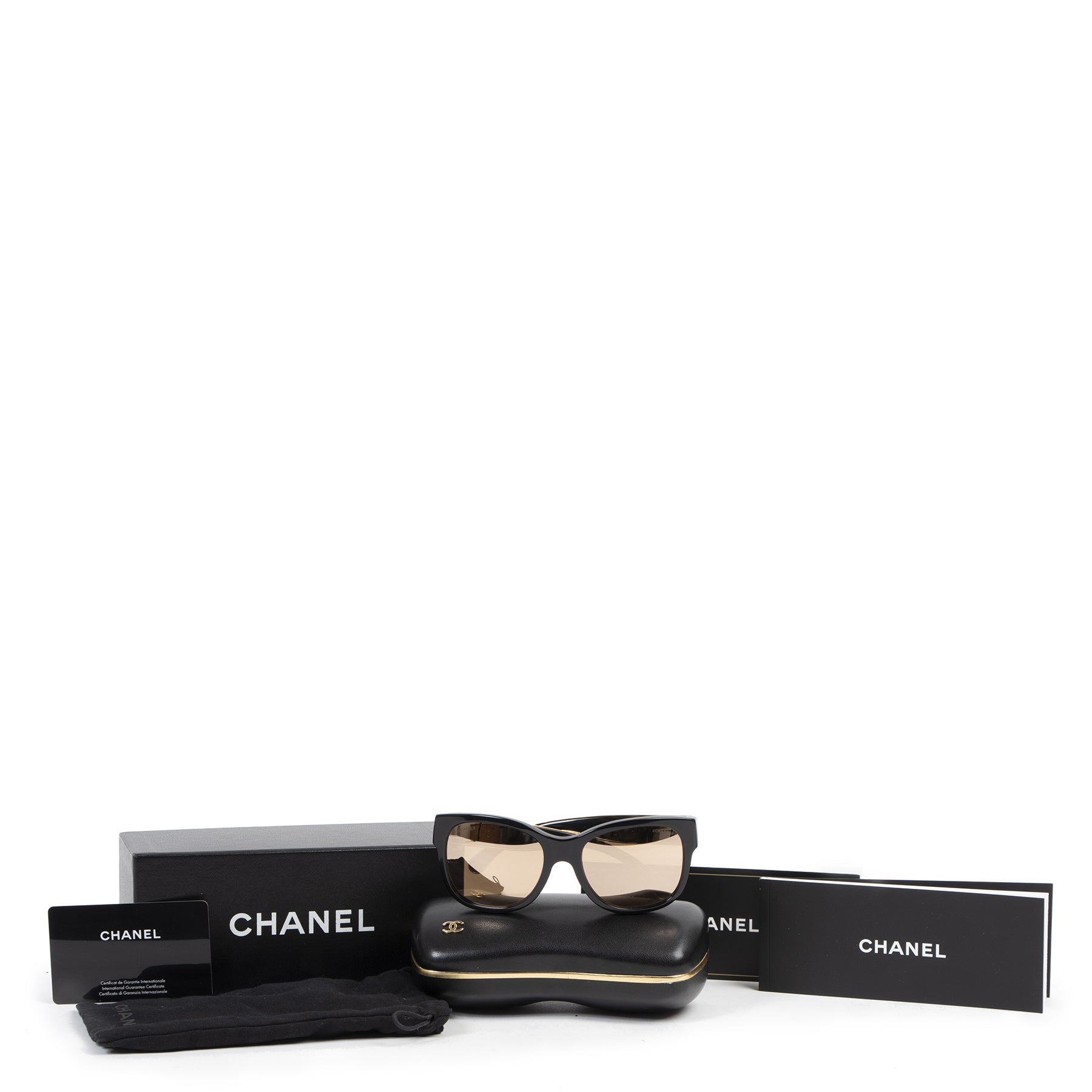 Authentic secondhand Chanel Black Gold CC Sunglasses designer accessories luxury vintage webshop fashion safe secure online shopping
