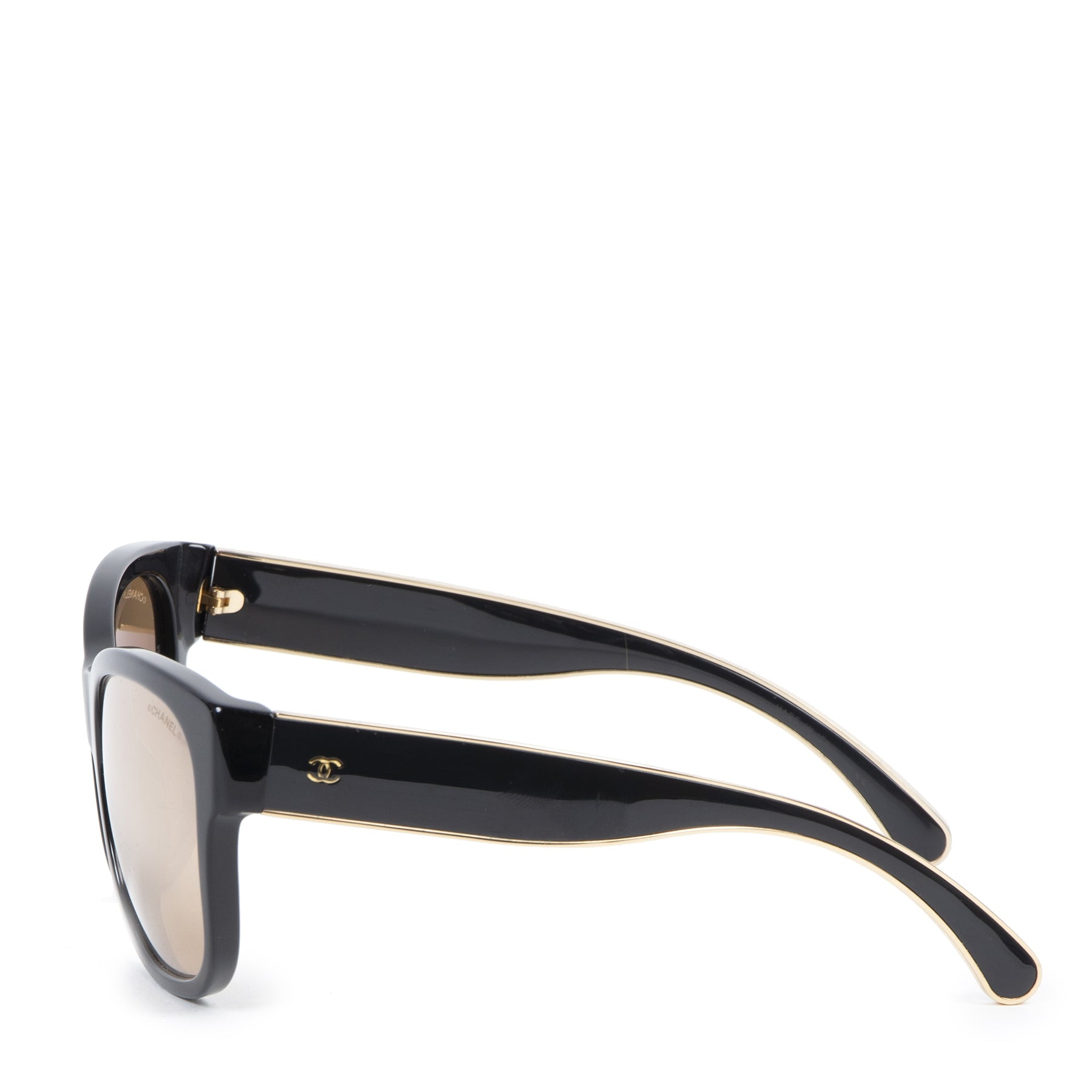 Authentieke Tweedehands Chanel Black Gold CC Sunglasses juiste prijs veilig online shoppen luxe merken webshop winkelen Antwerpen België mode fashion