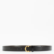Authentic Cartier black leather belt with gold C buckle, measuring 117 cm, available at Labellov.com.
