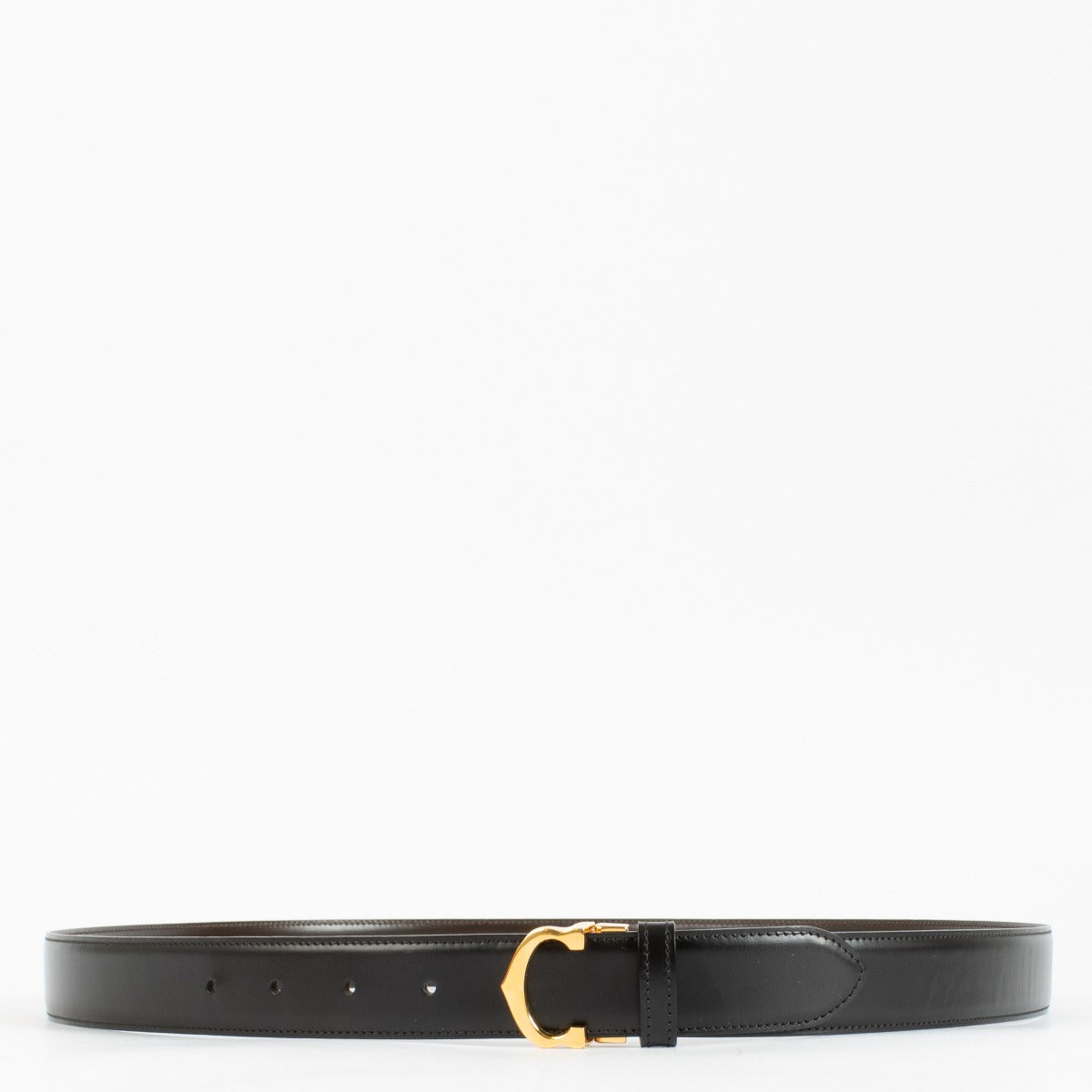Authentic Cartier black leather belt with gold C buckle, measuring 117 cm, available at Labellov.com.