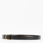 Authentic Cartier black leather belt with gold C buckle, measuring 117 cm, available at Labellov.com.
