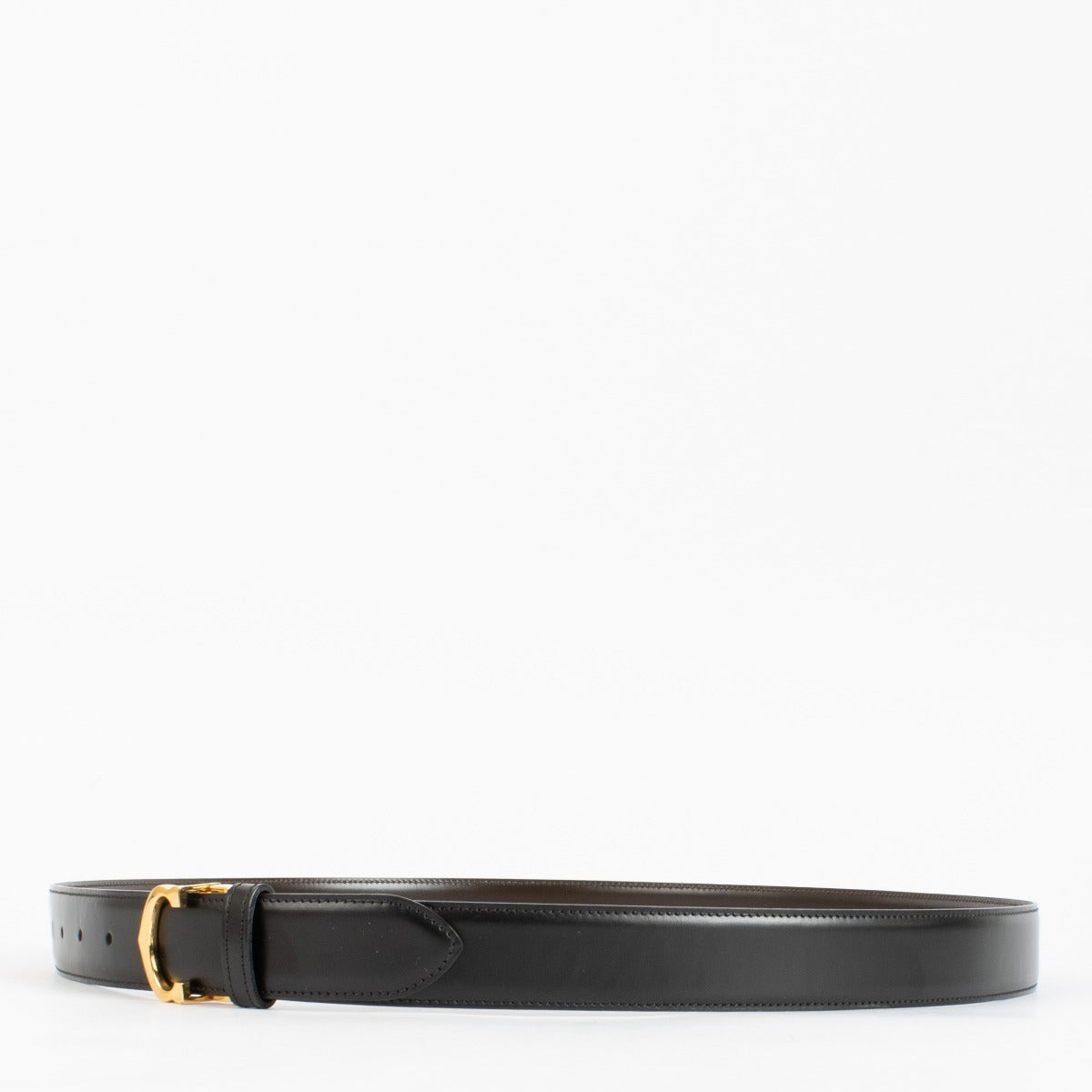 Authentic Cartier black leather belt with gold C buckle, measuring 117 cm, available at Labellov.com.