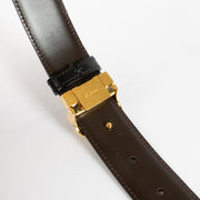 Authentic Cartier black leather belt with gold C buckle, measuring 117 cm, available at Labellov.com.