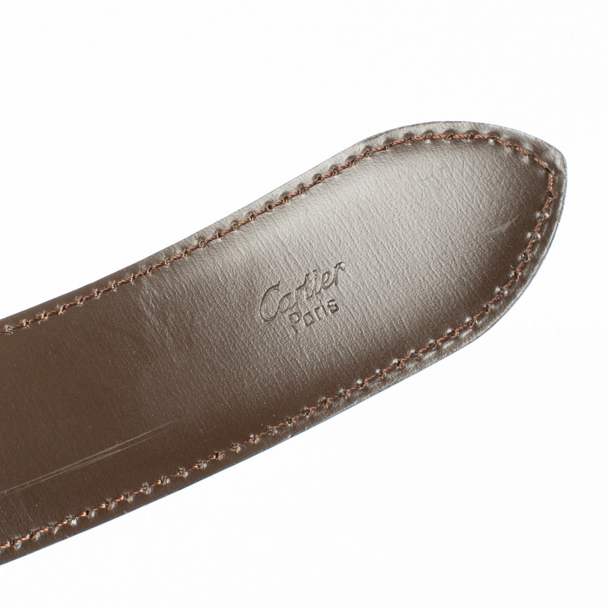 Authentic Cartier black leather belt with gold C buckle, measuring 117 cm, available at Labellov.com.