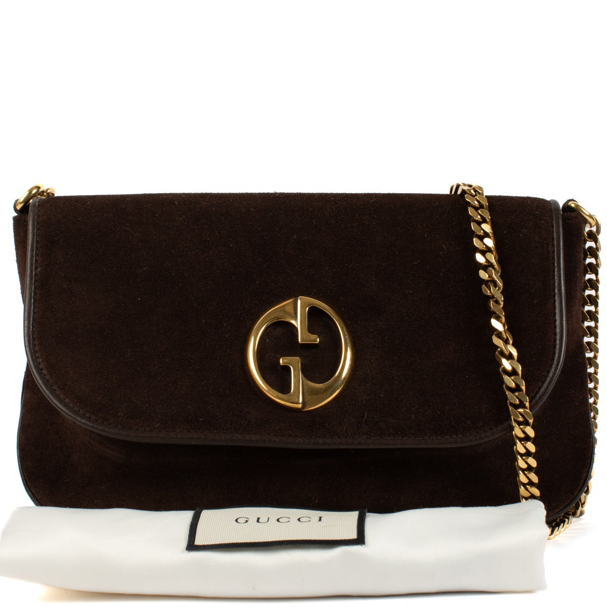 Shop safe online at Labellov in Antwerp, Brussels and Knokke this 100% authentic second hand Gucci Brown Suede 1973 Medium Shoulder Bag