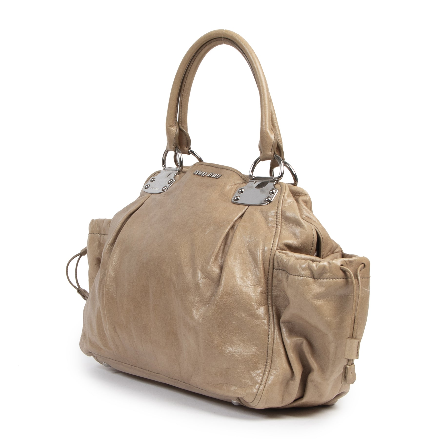 Authentieke tweedehands vintage Miu Miu Large Beige Shopping Bag koop online webshop LabelLOV