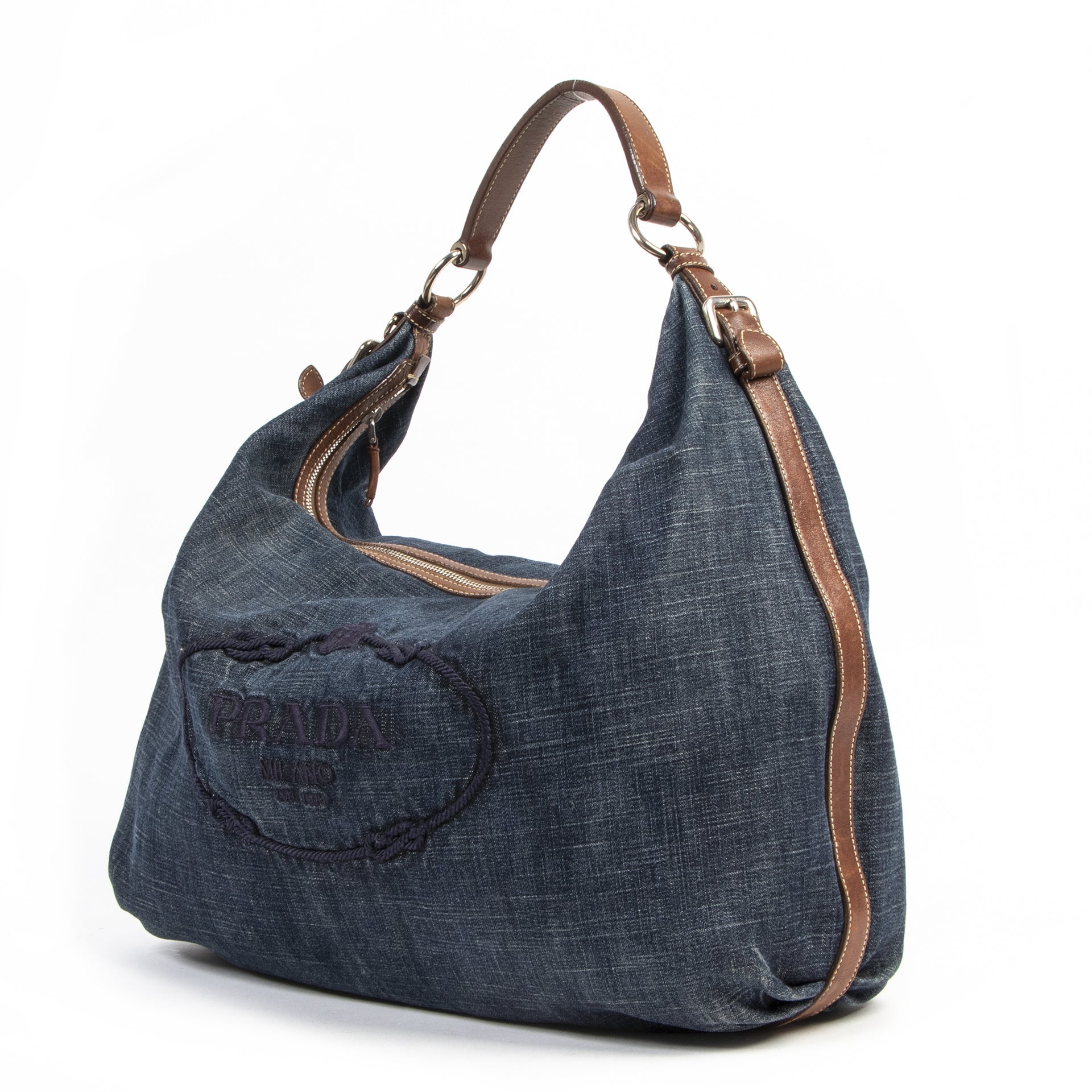 Prada Denim Leather Hobo Bag for the best price at Labellov