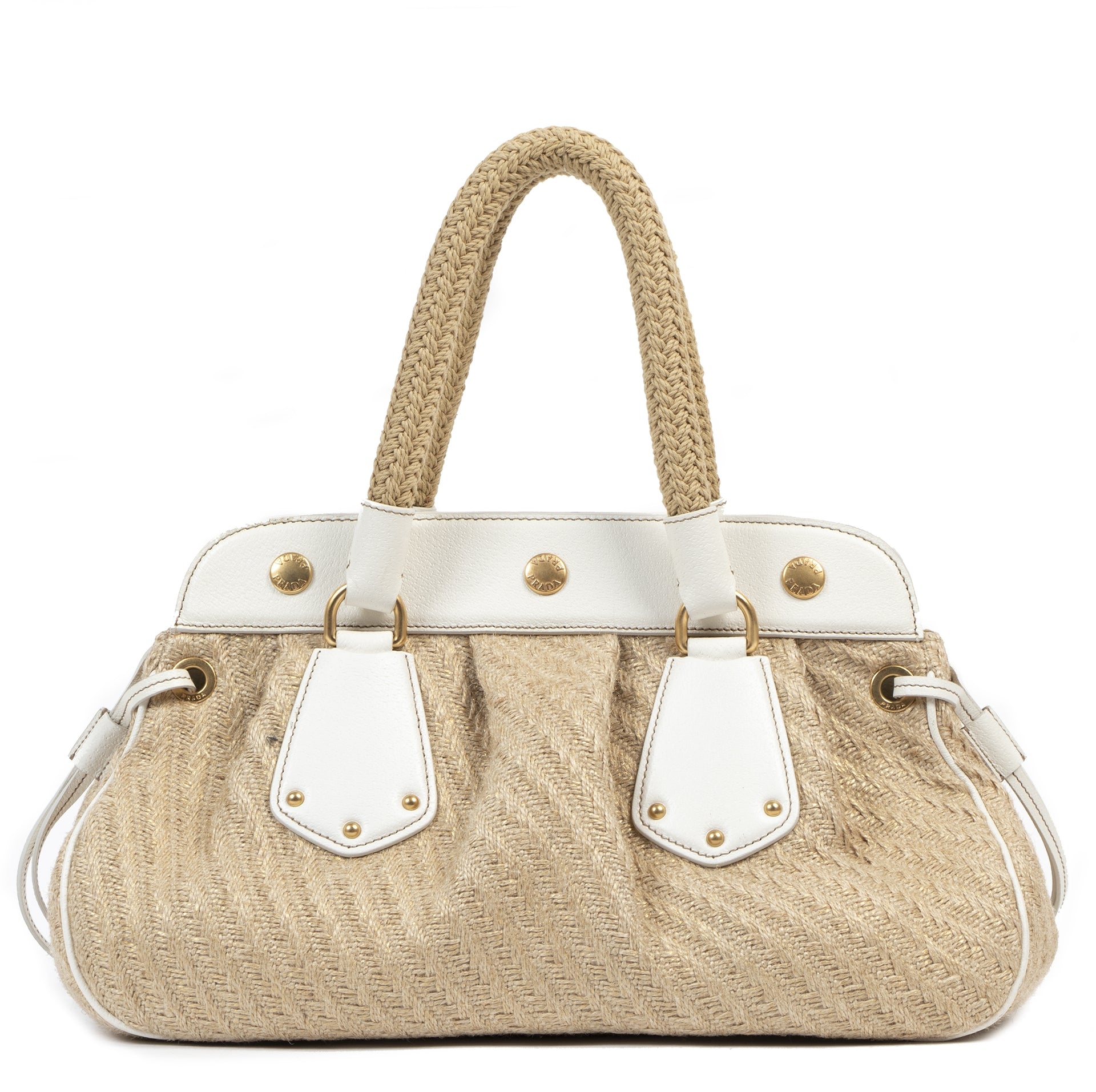Authentic secondhand Prada Jute Frame Beige Satchel Bag luxury vintage webshop fashion safe secure online shopping