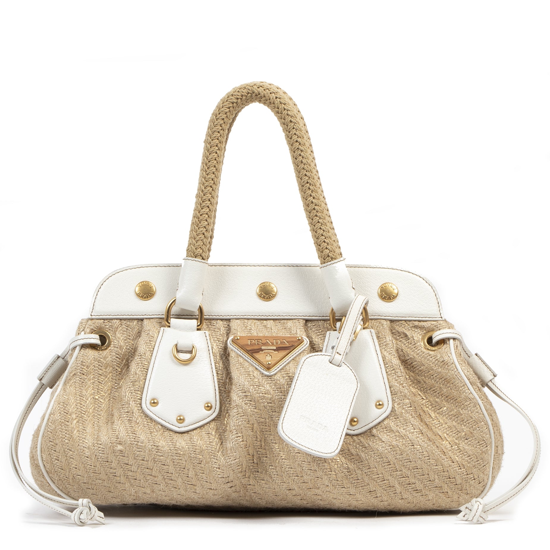 Authentic secondhand Prada Jute Frame Beige Satchel Bag luxury vintage webshop fashion safe secure online shopping