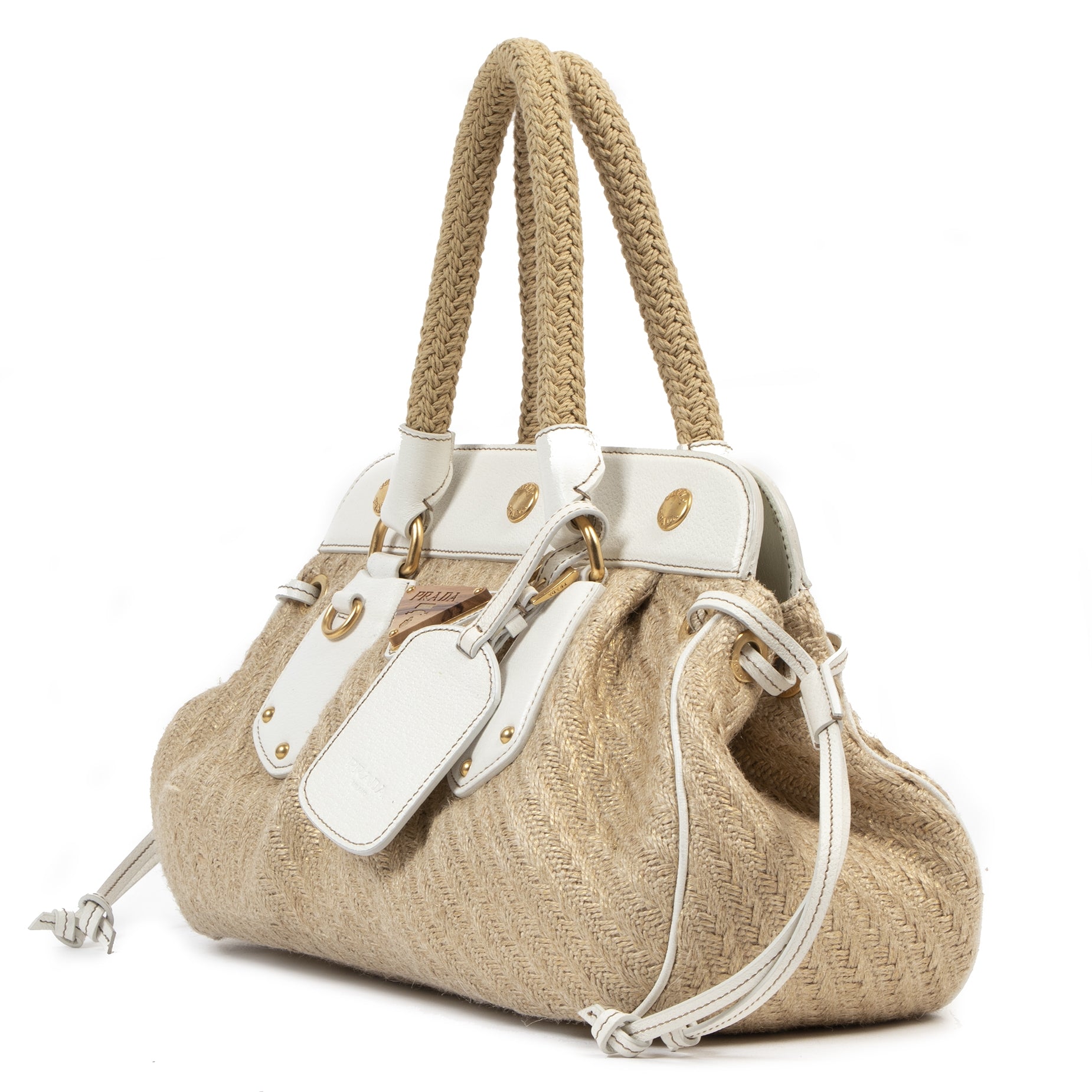 Authentic secondhand Prada Jute Frame Beige Satchel Bag luxury vintage webshop fashion safe secure online shopping