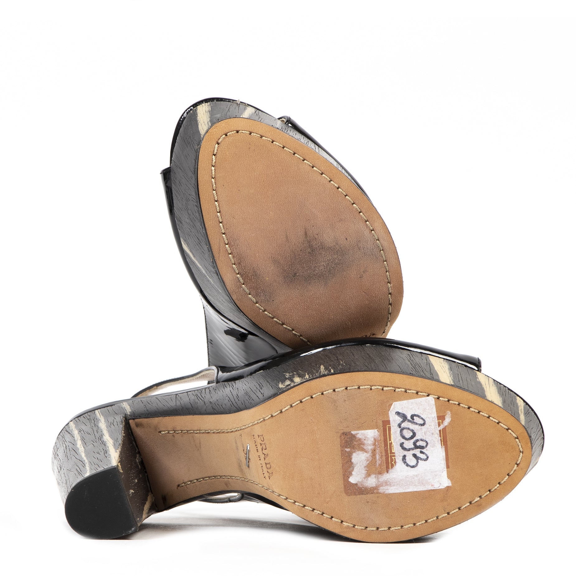 Authentique seconde-main vintage Prada Patent Leather Wood Heel Slingback Platforms achète en ligne webshop LabelLOV