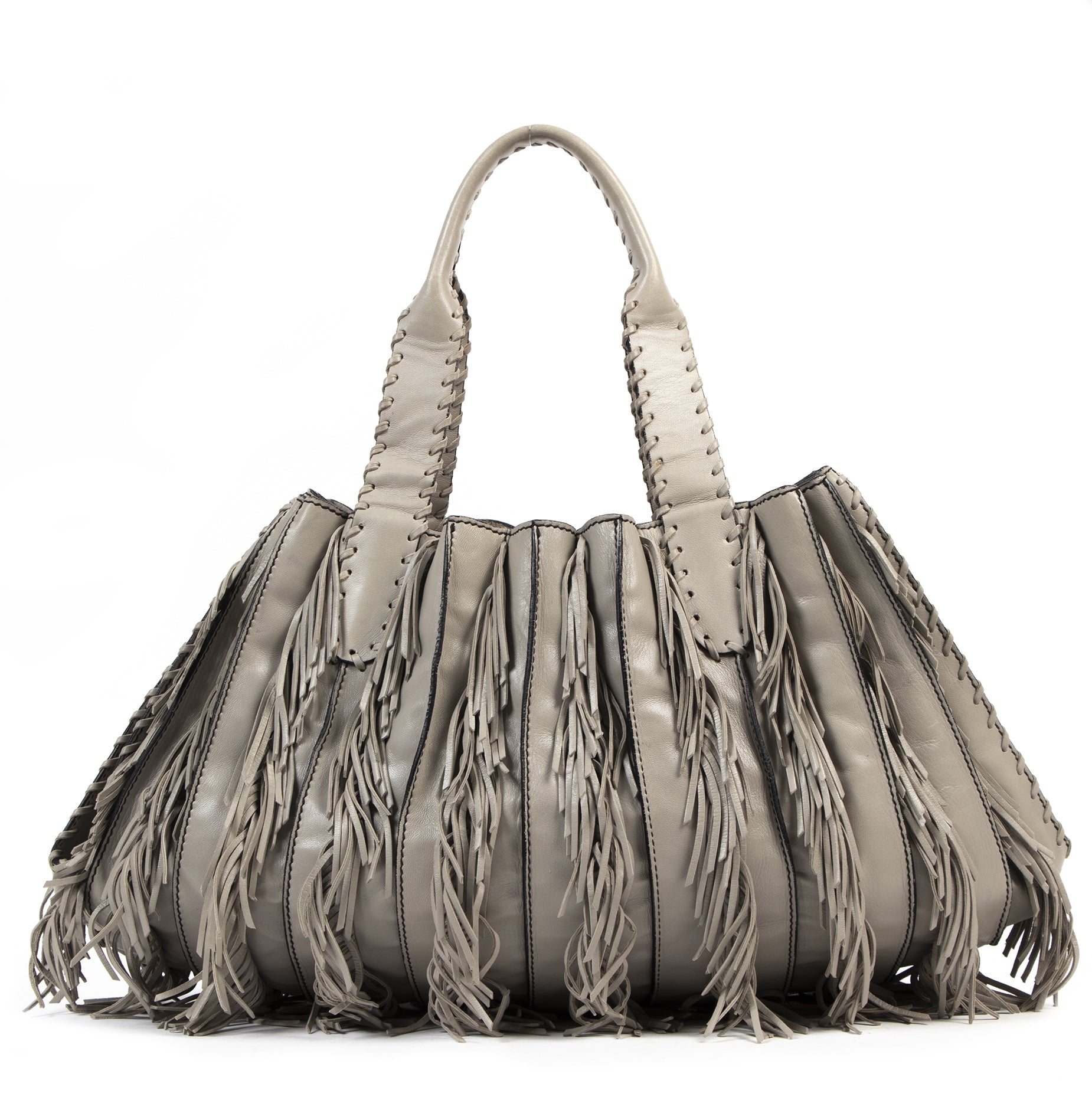 Authentieke Tweedehands Valentino Grey Fringe Shoulder Bag juiste prijs veilig online shoppen luxe merken webshop winkelen Antwerpen België mode fashion