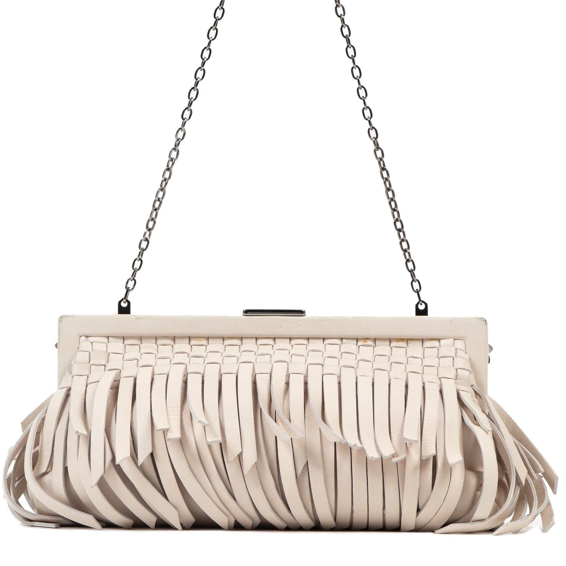 Valentino Cream Fringe Leather Evening Clutch