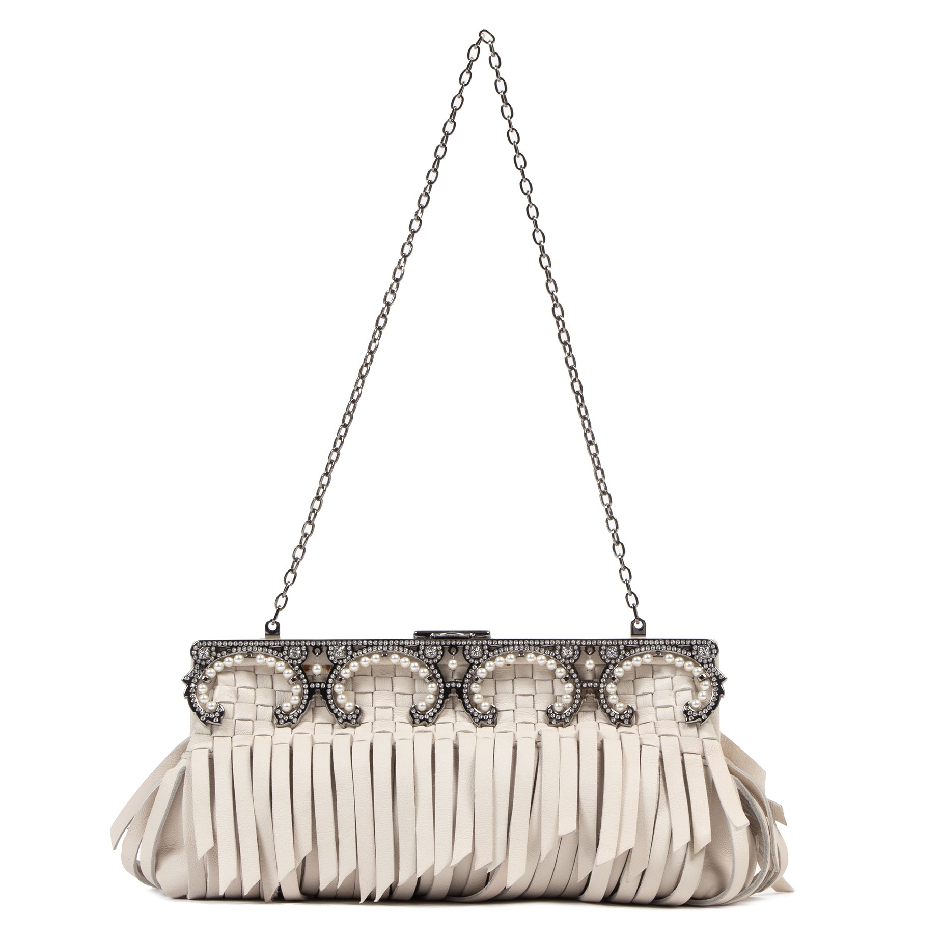 Valentino Cream Fringe Leather Evening Clutch