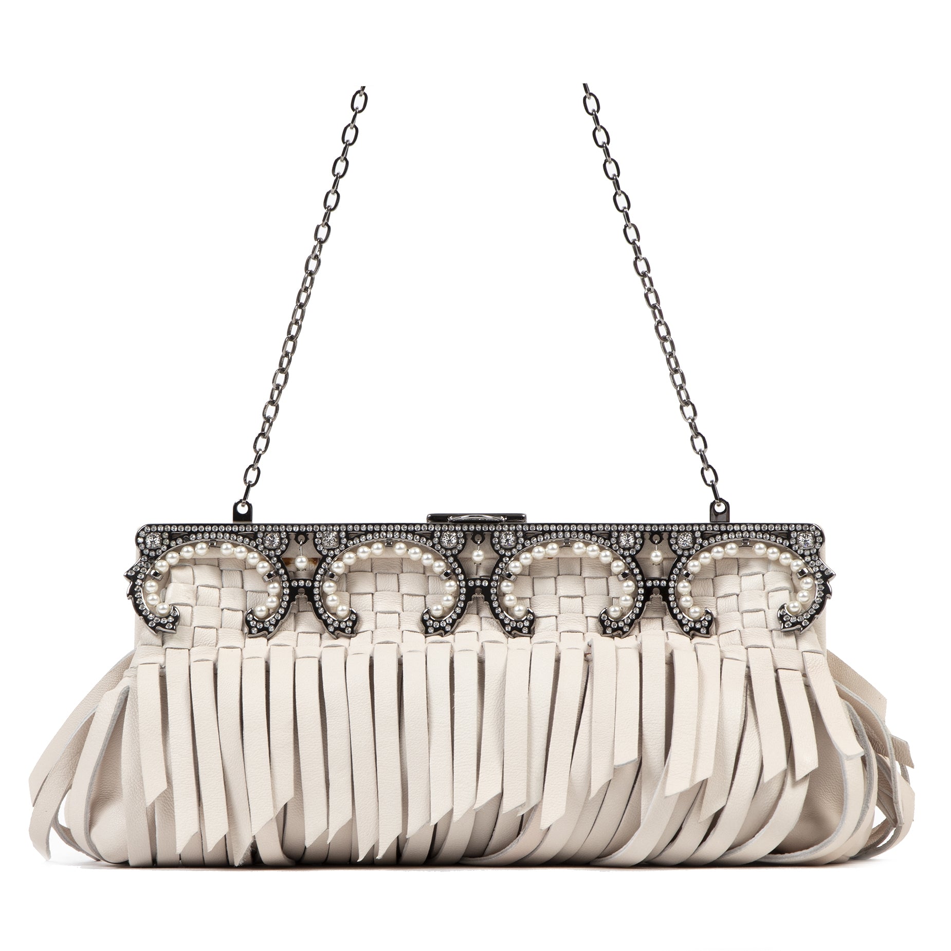 Valentino Cream Fringe Leather Evening Clutch