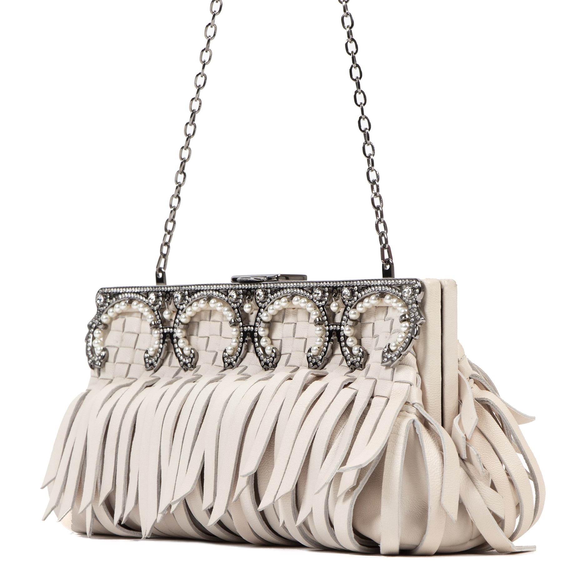 Valentino Cream Fringe Leather Evening Clutch