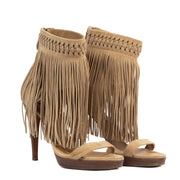 koop veilig online Ralph Lauren Beige Suede Fringe Platform Heels - Size 39,5