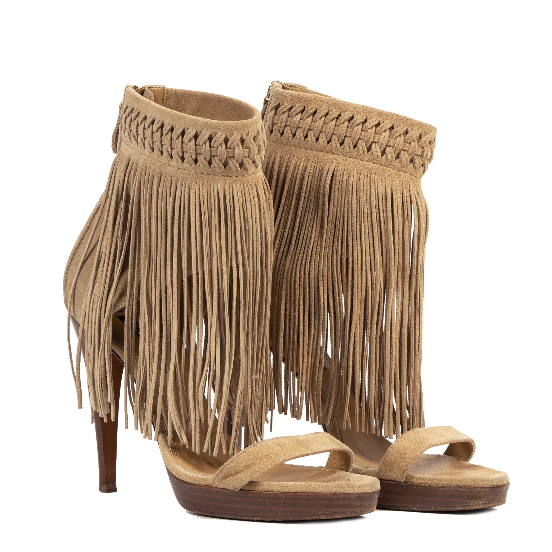 koop veilig online Ralph Lauren Beige Suede Fringe Platform Heels - Size 39,5