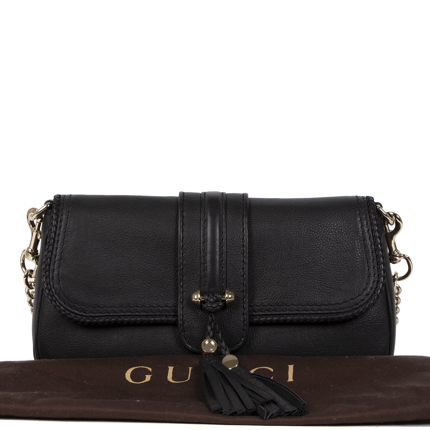 Authentieke tweedehands vintage Gucci Black Marrakech Evening Bag koop online webshop LabelLOV