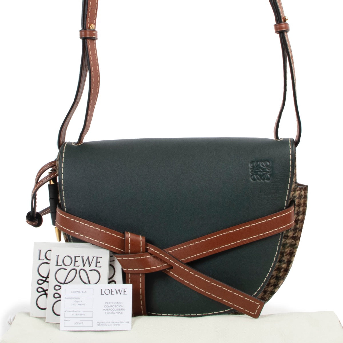 Buy an 100% authentic second hand Loewe Gate Small Forest Green And Tweed Houndtooth Crossbody Bag at Labellov
