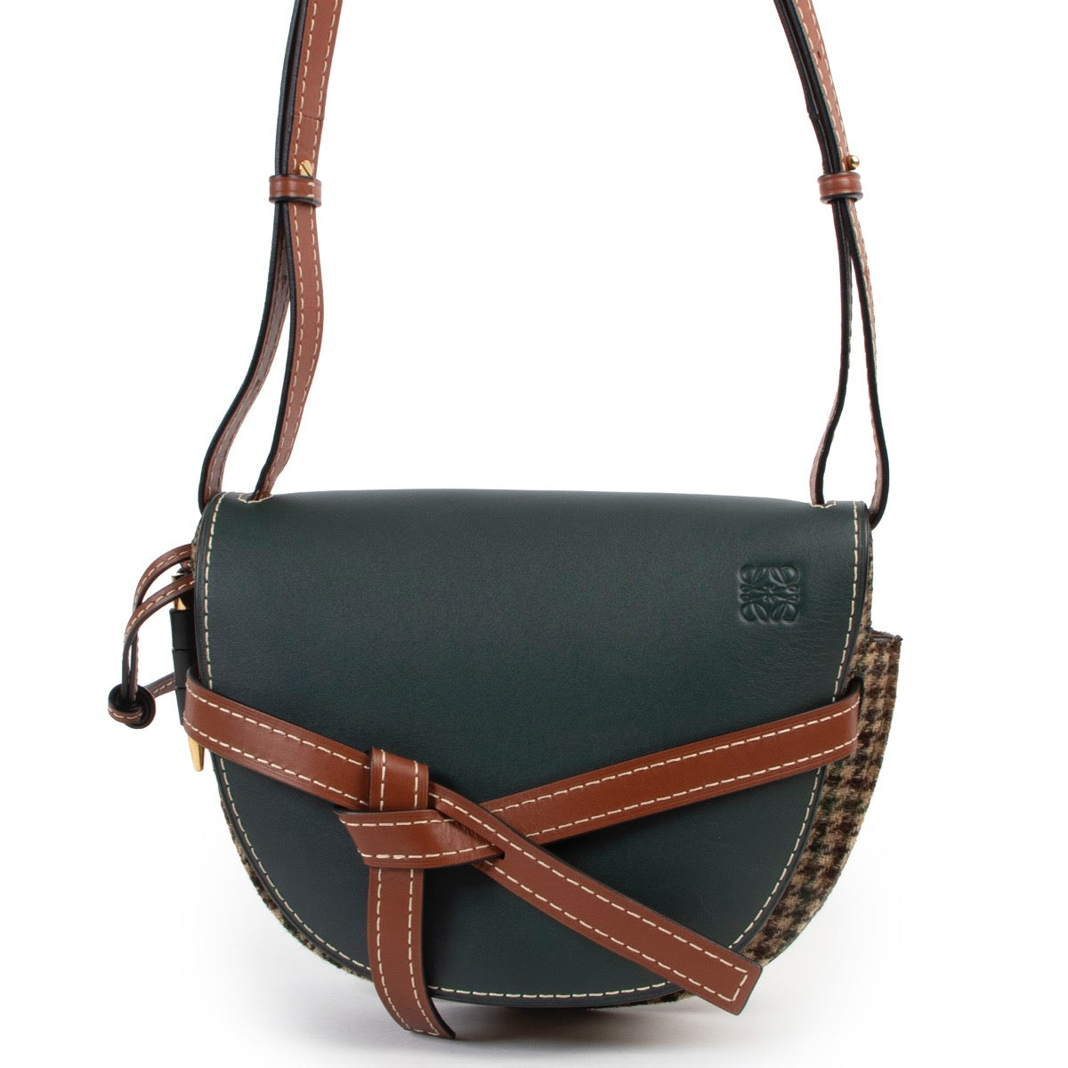 Buy an 100% authentic second hand Loewe Gate Small Forest Green And Tweed Houndtooth Crossbody Bag at Labellov