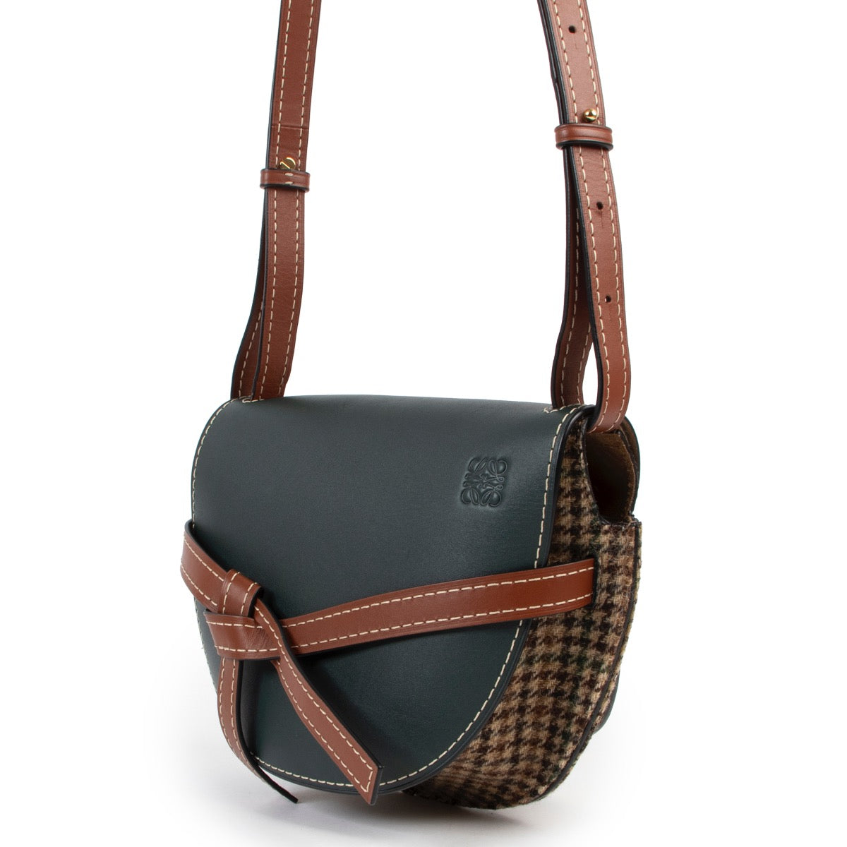 Buy an 100% authentic second hand Loewe Gate Small Forest Green And Tweed Houndtooth Crossbody Bag at Labellov
