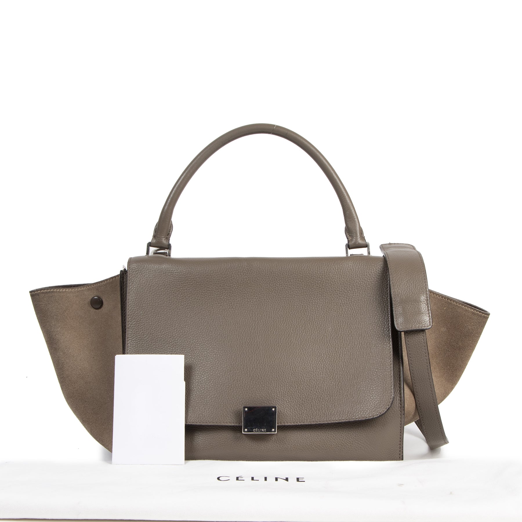Authentieke tweedehands vintage Céline Khaki Suede Leather Medium Trapeze Bag koop online webshop LabelLOV