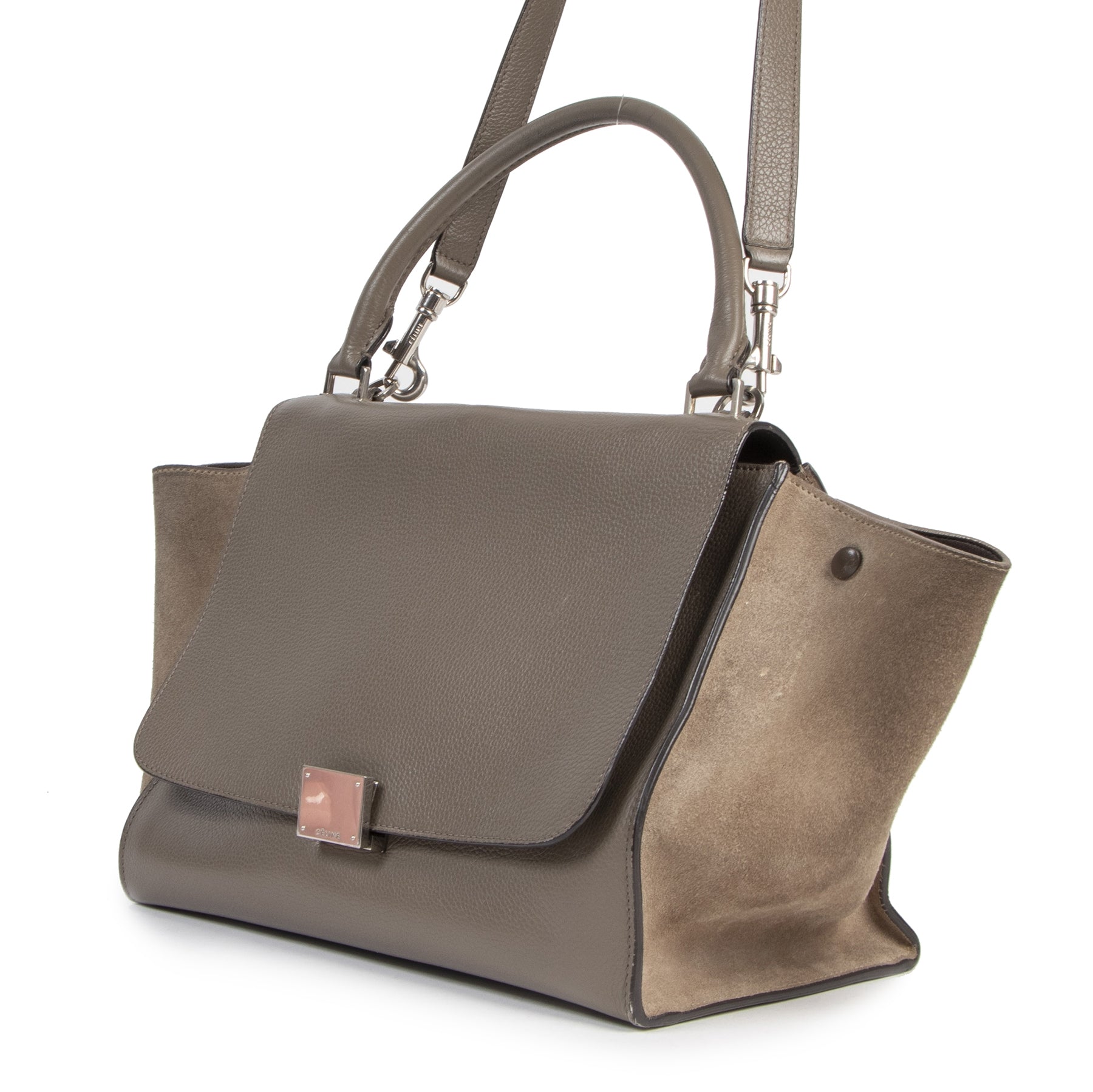 Authentique seconde-main vintage Céline Khaki Suede Leather Medium Trapeze Bag achète en ligne webshop LabelLOV
