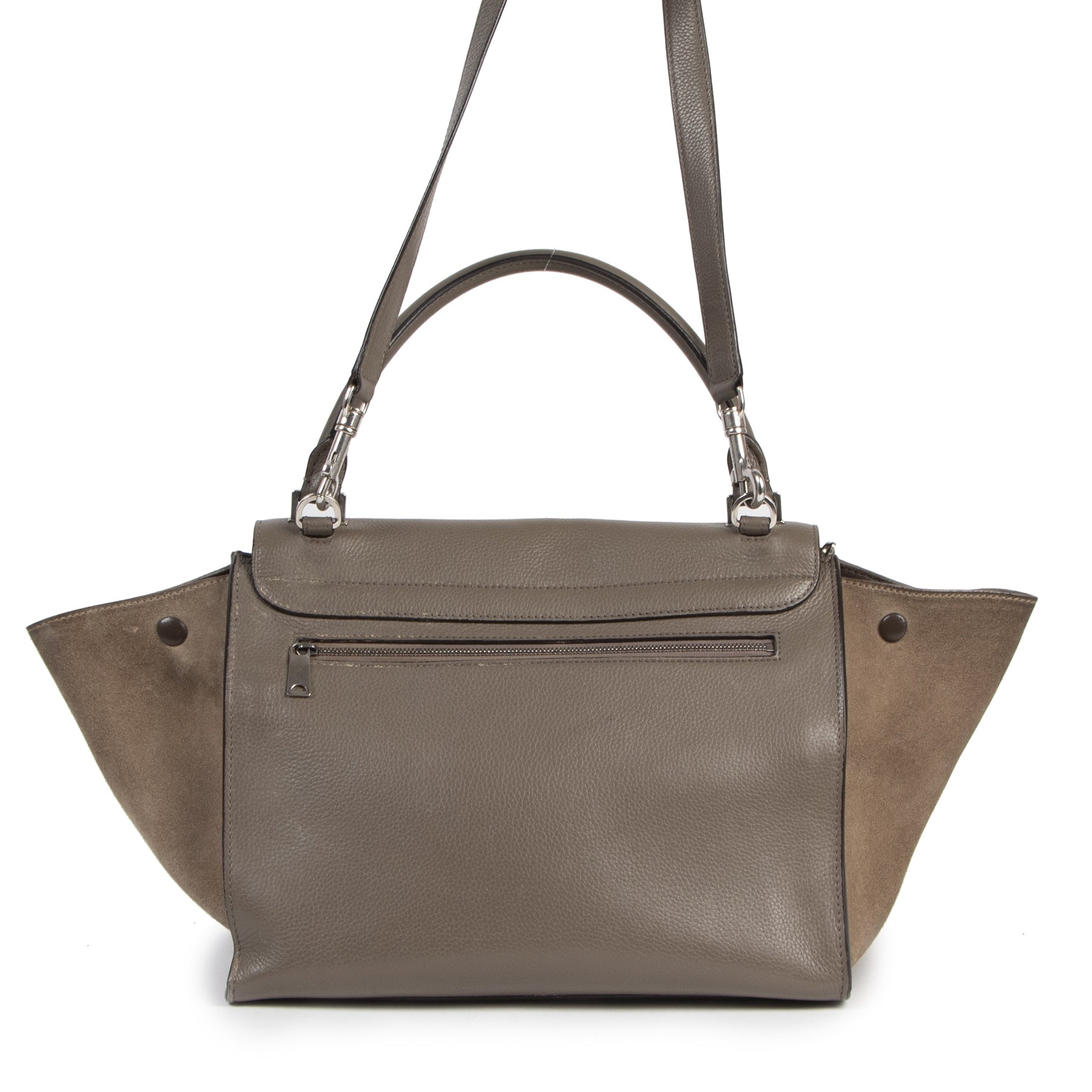 Authentieke tweedehands vintage Céline Khaki Suede Leather Medium Trapeze Bag koop online webshop LabelLOV