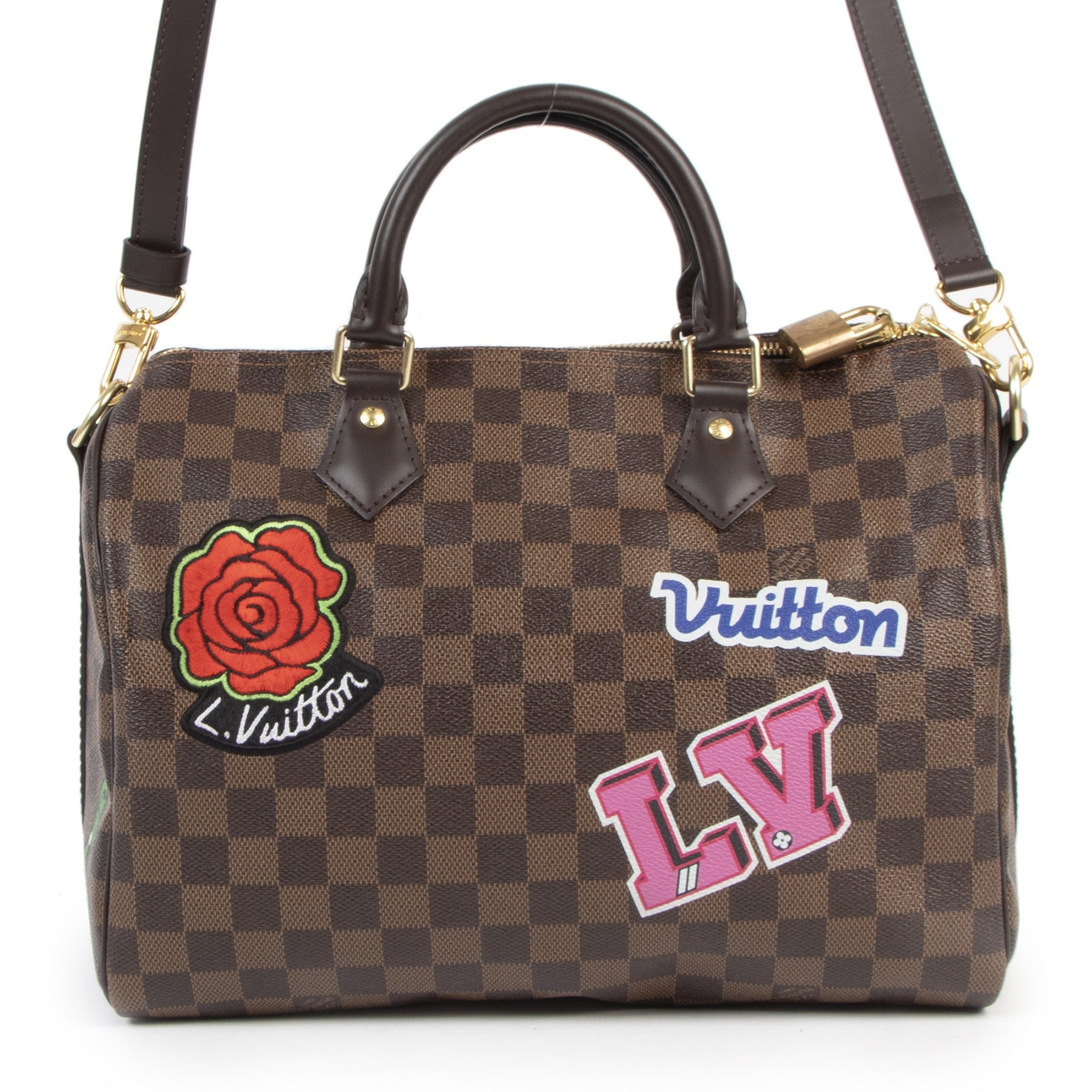 Authentique seconde-main vintage Louis Vuitton Brown Patches Speedy Bandoulière 30 achète en ligne webshop LabelLOV