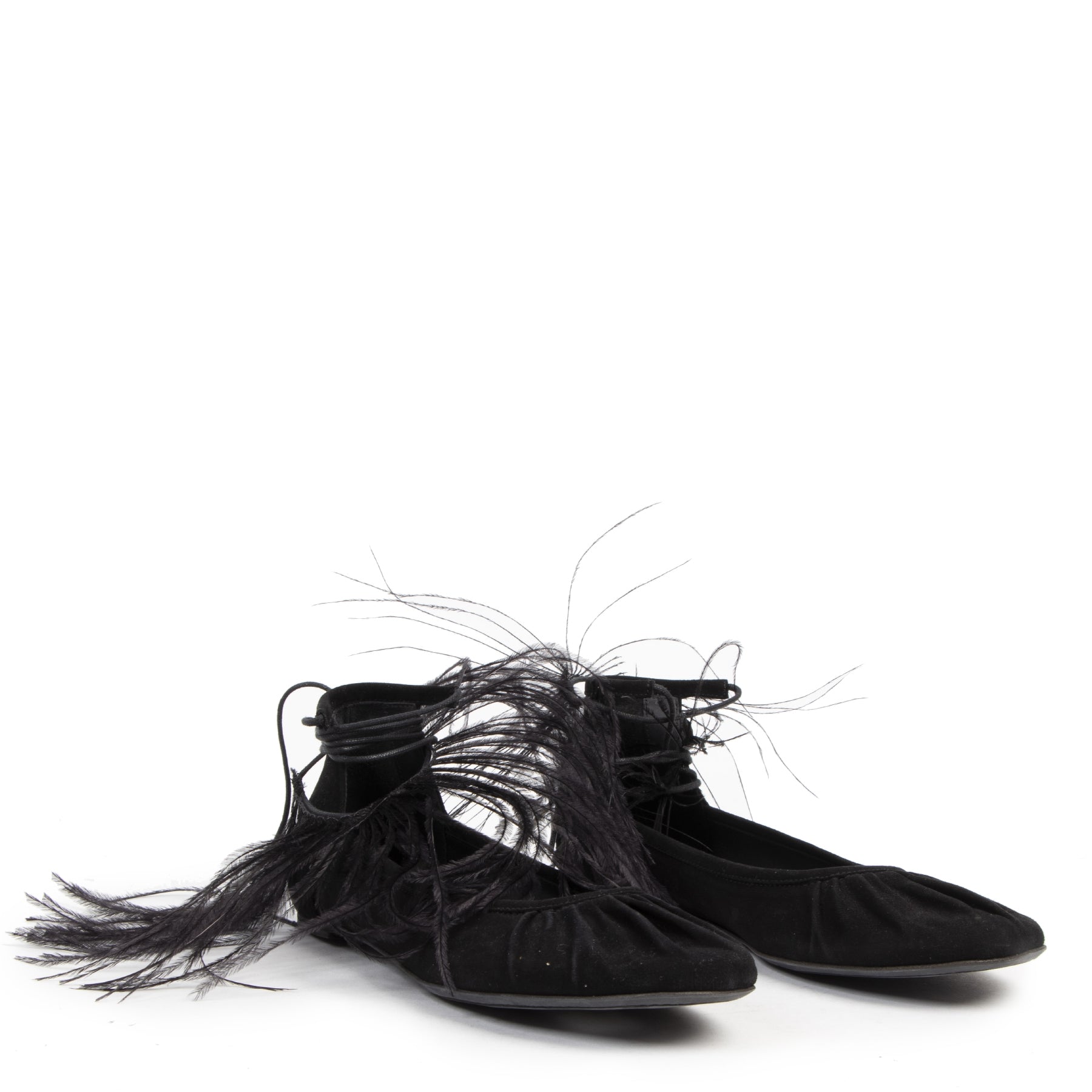 Authentic Secondhand Ann Demeulemeester Black Feather-trimmed Suede Flats - Size 38,5 designer shoes luxury vintage webshop fashion designer high end brands